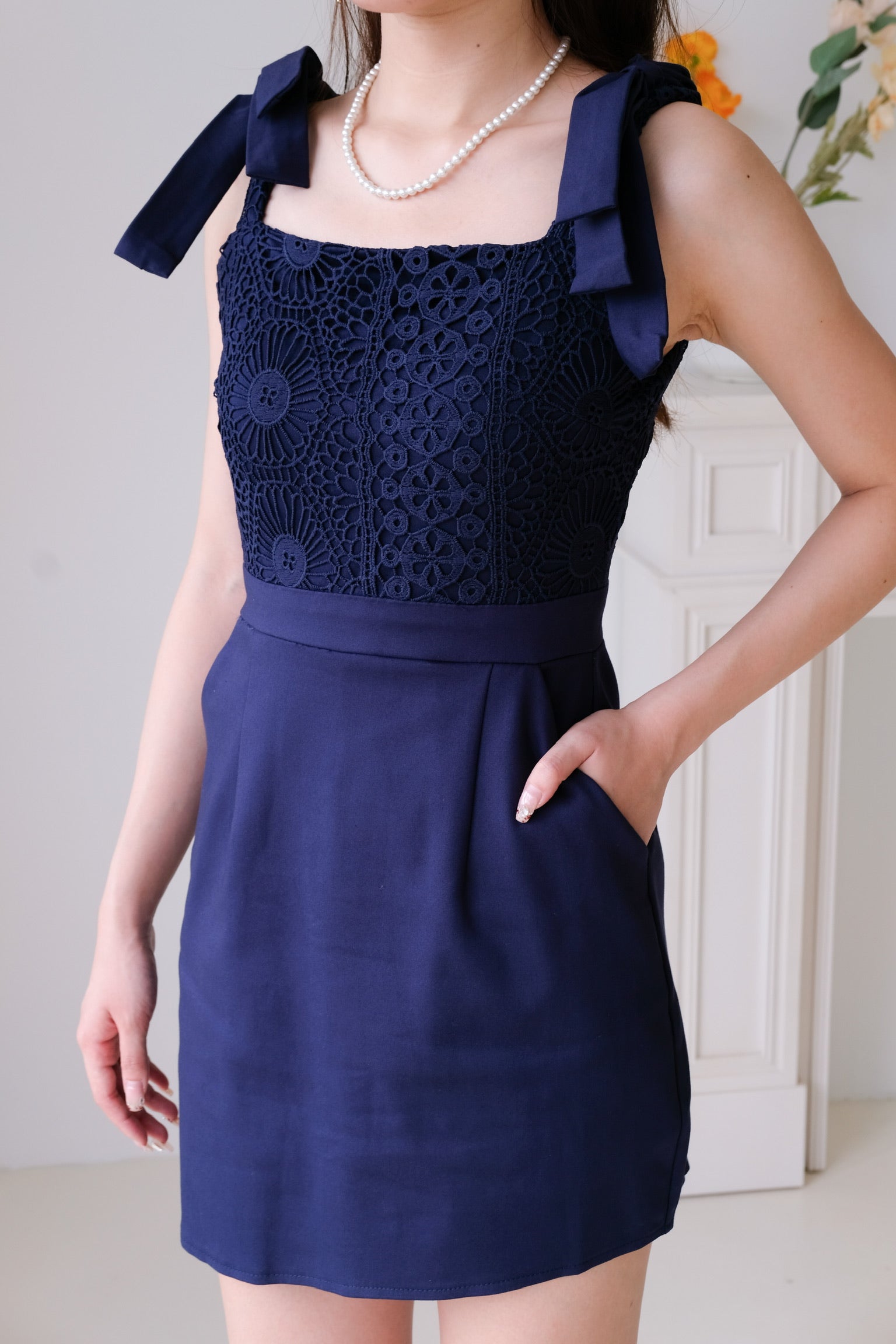 Leanne Crochet Asymmetrical Dress (Navy Blue)