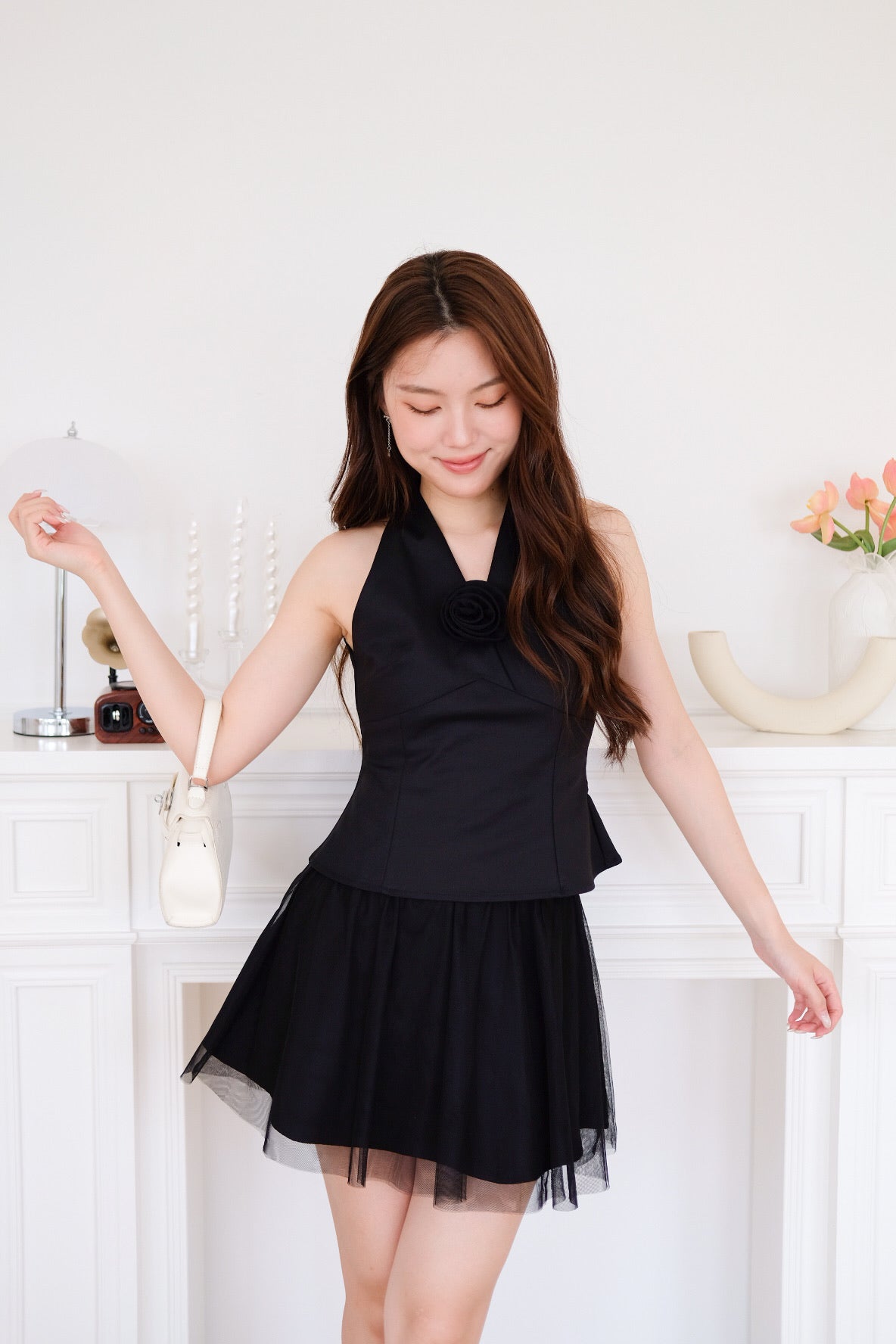 Rosette Halter Flare Crop (Black)