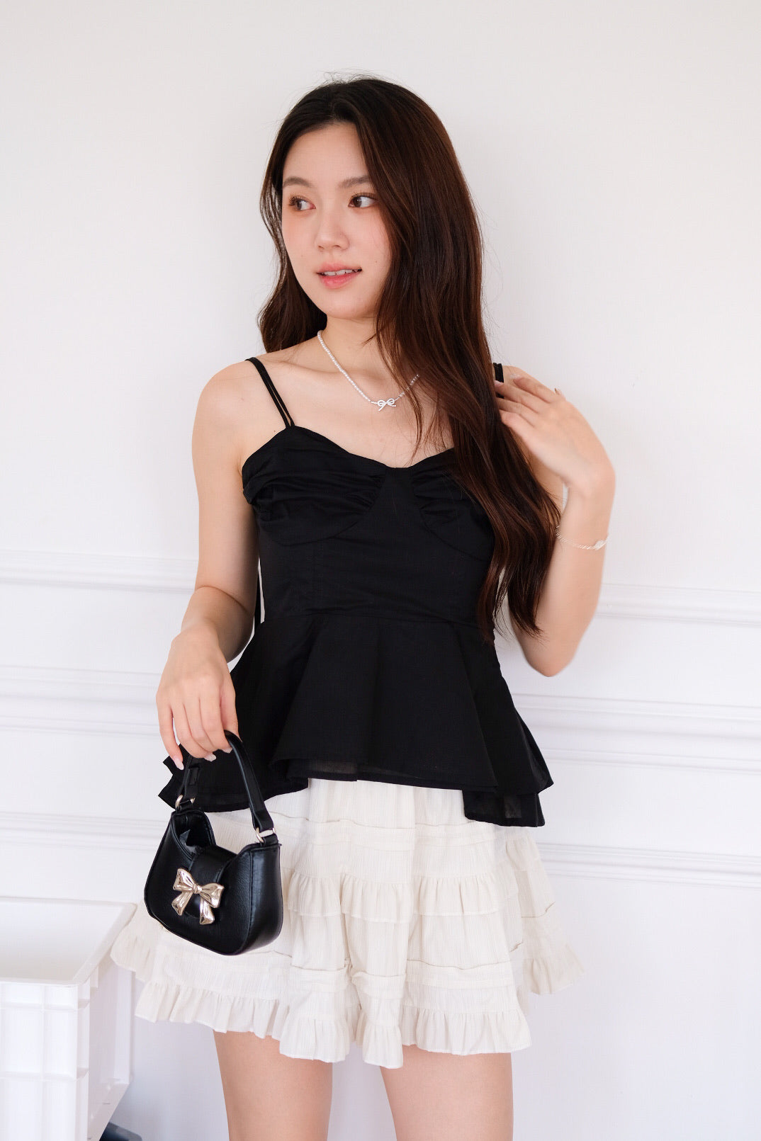 Eden Self Tie Ribbon Peplum Top (Black)