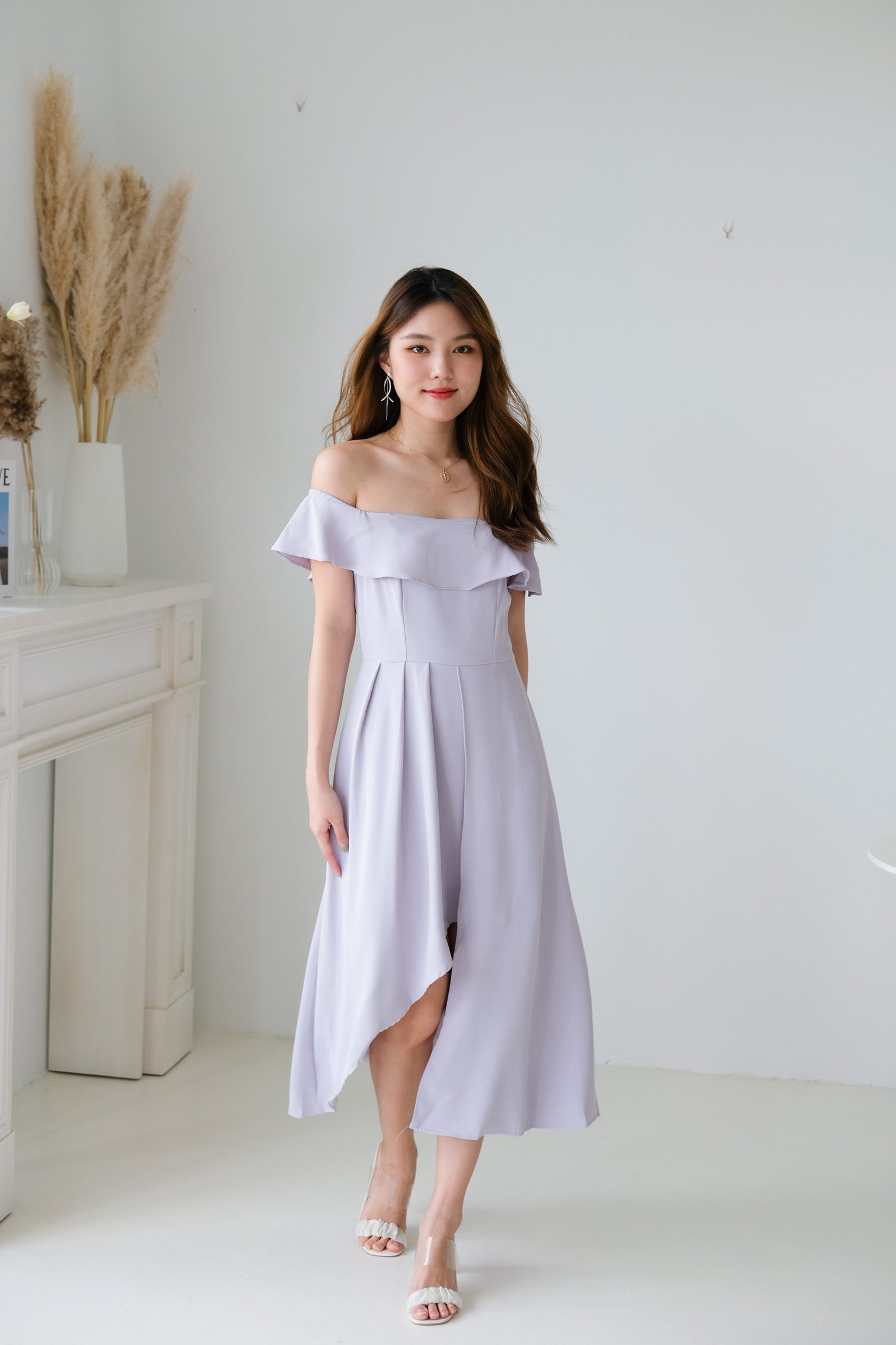 Danielle Ruffle Asymmetrical Maxi Dress (Purplish Grey)