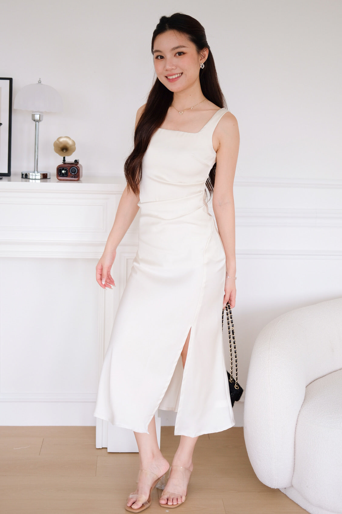 Serena Ruched Mermaid Satin Maxi Dress (Cream)