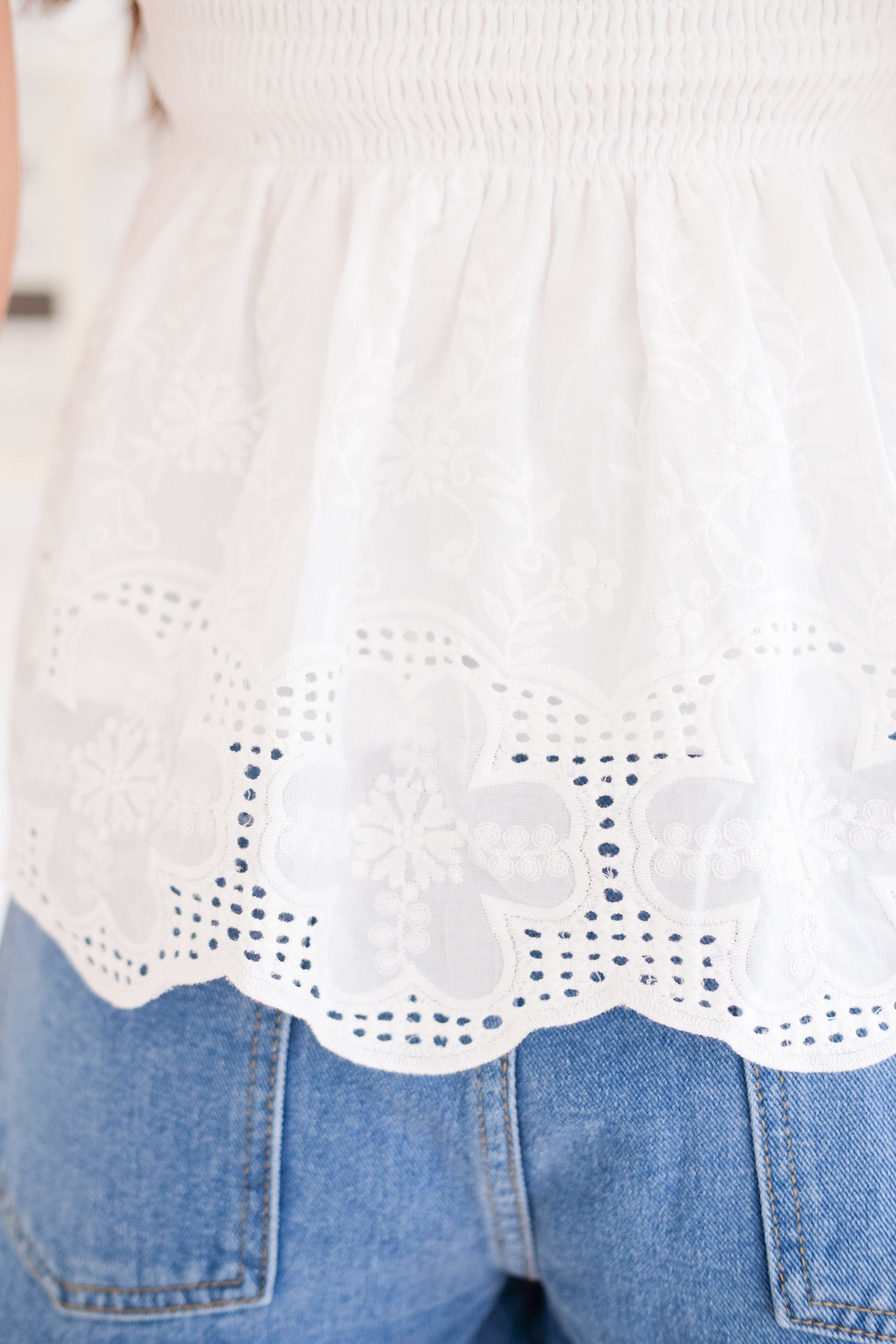 Selina Smocked Ribbon Eyelet Top (White)