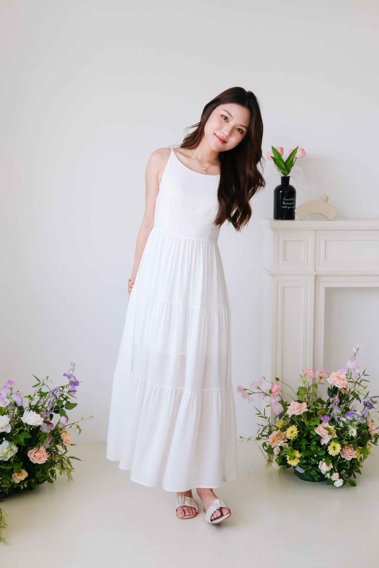 Bernice Boatneck Tiered Maxi Dress (White)