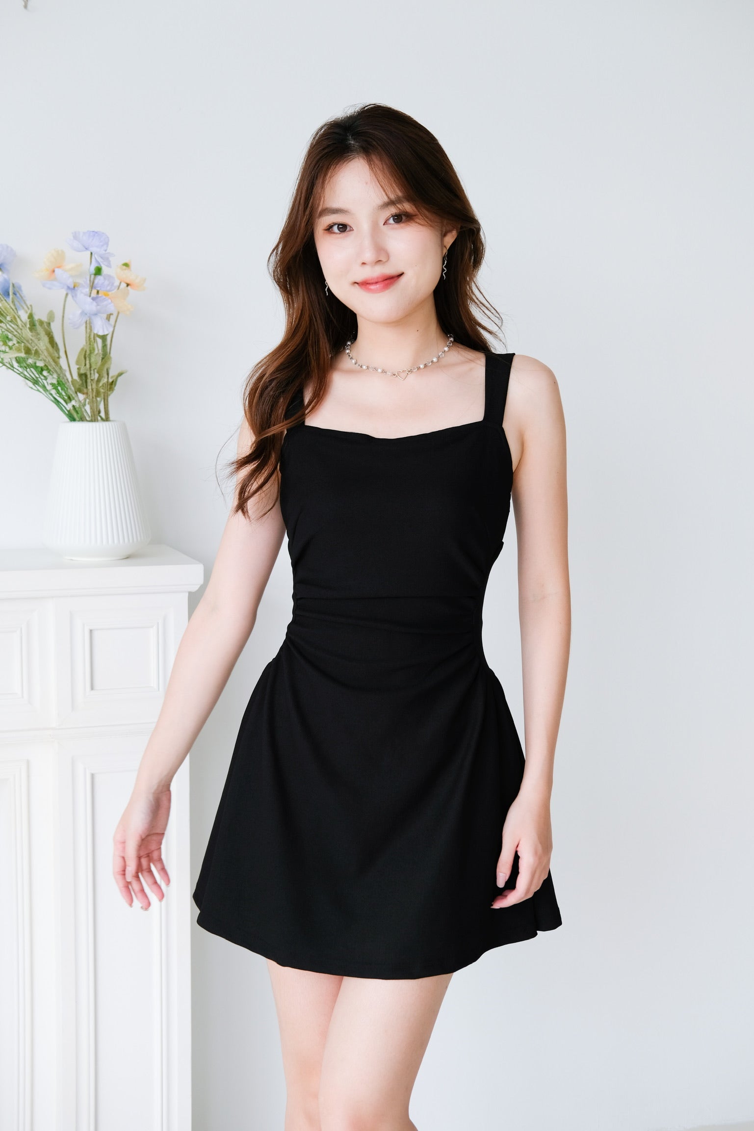 Tavia Ruched Mini Dress (Black)