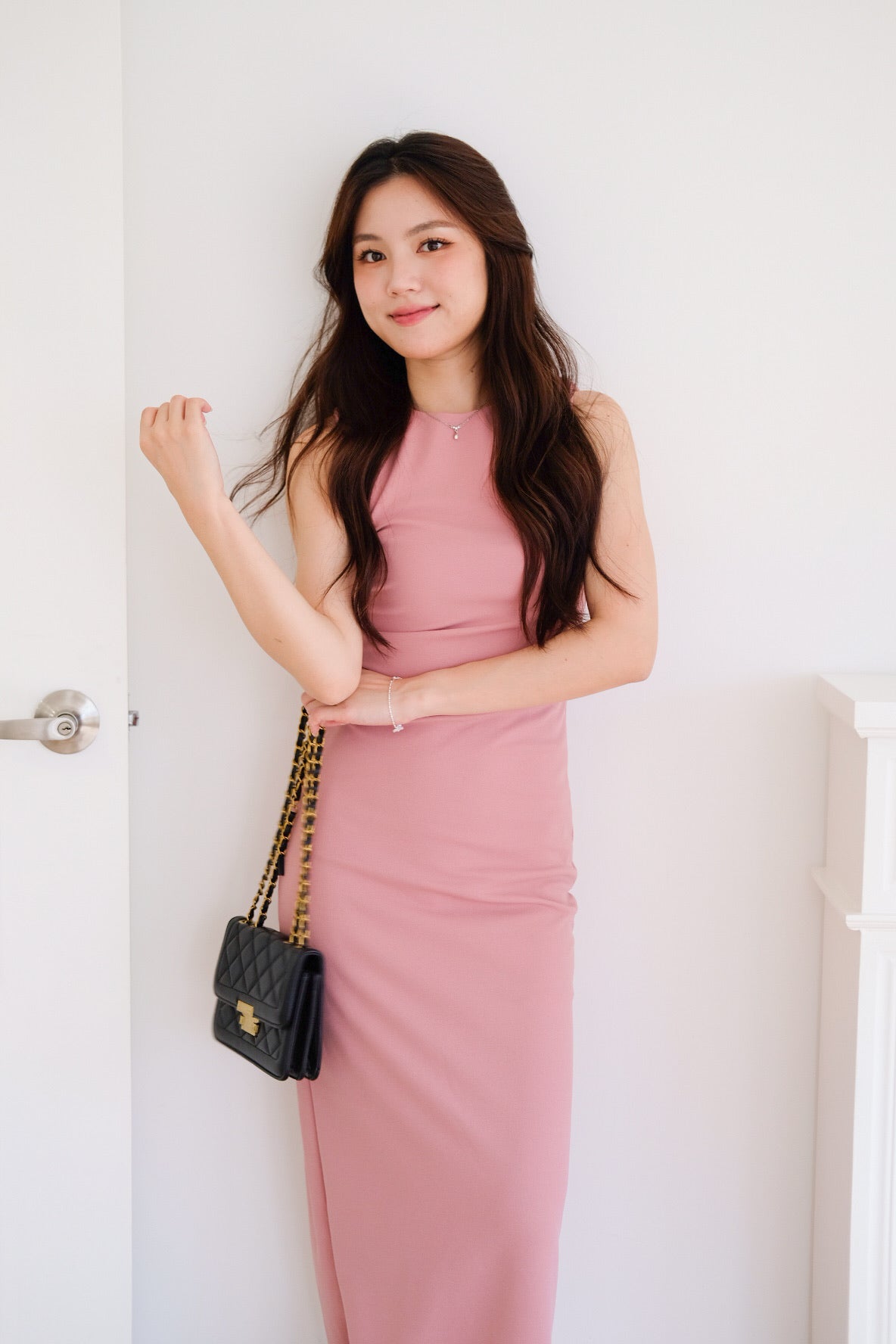 Brianna Ruched Jewel Bodycon Maxi Dress (Rouge Pink)