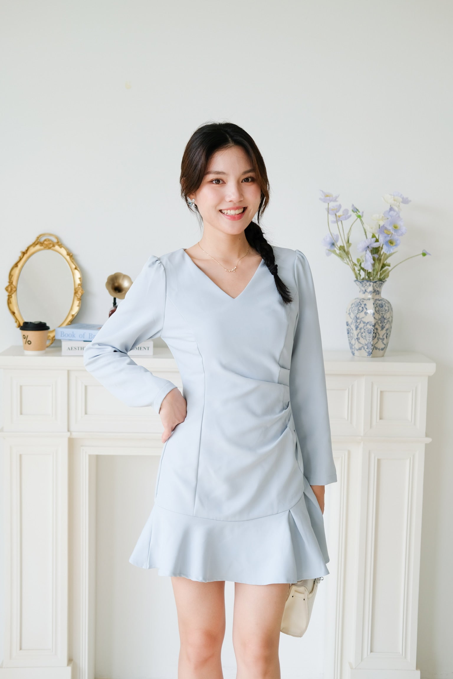 Phoebe Sleeves Ruffle Dress (Dusty Blue)