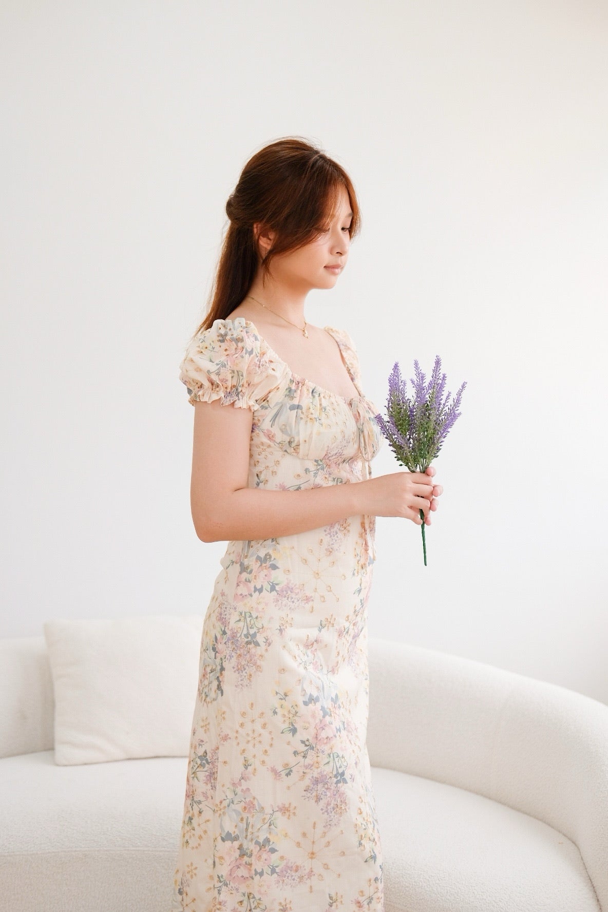 Beige Floral Ribbon Organza Midi Dress