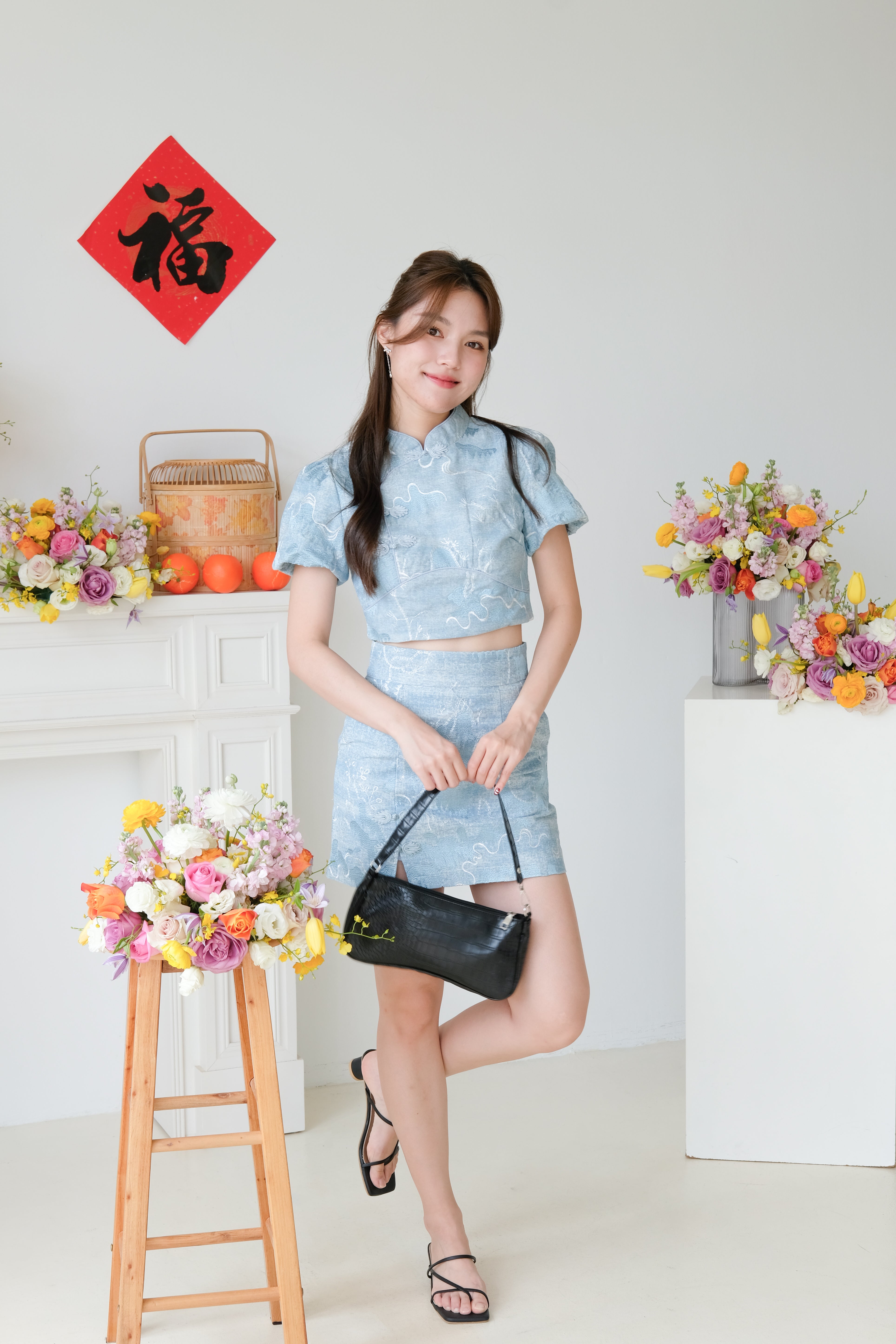 Bing Shan Modern Denim Cheongsam Set (Ice Blue)