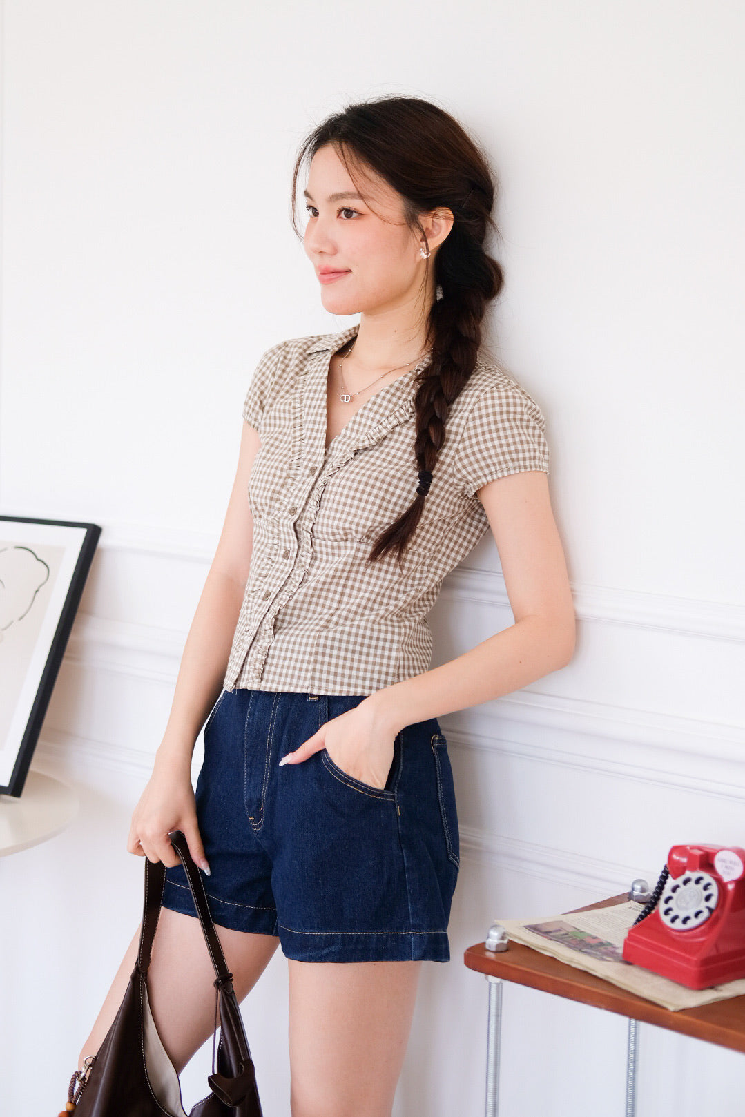 Marais Collared Ruffle Blouse Top (Gingham Olive)
