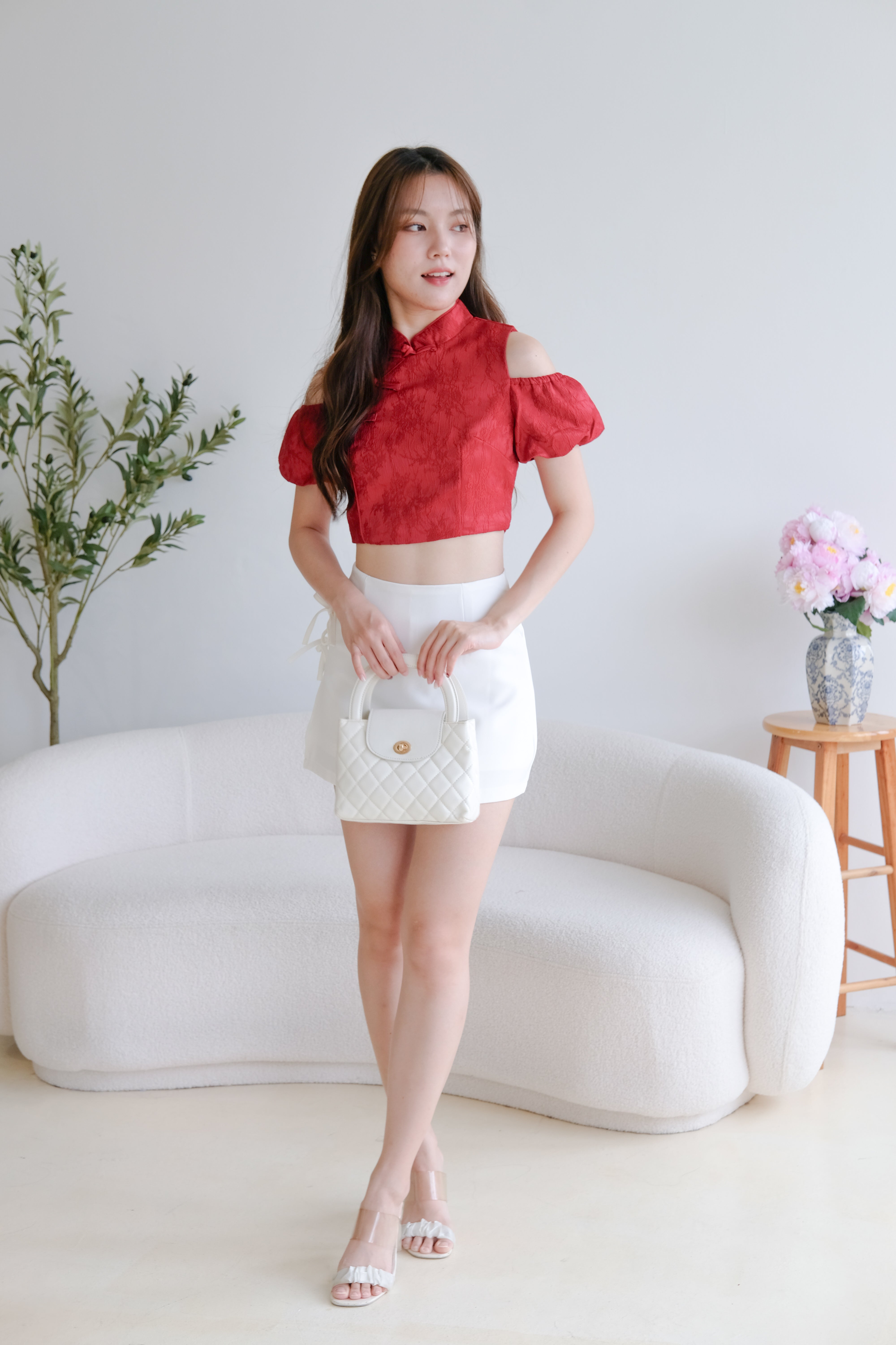 Shi Hui Cold Shoulder Cheongsam Top (Maroon)