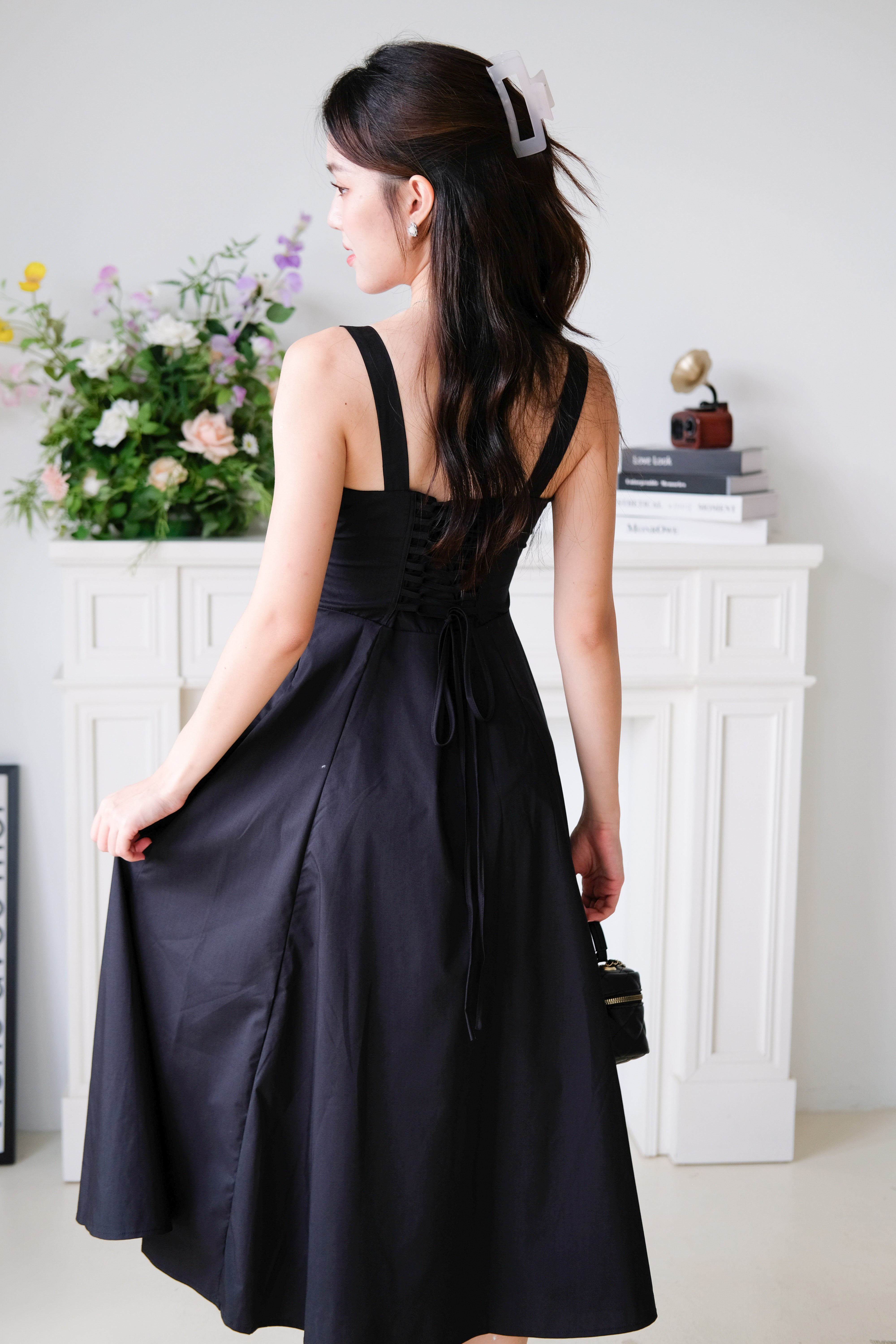 Claire Ruched Slit Midaxi Dress (Black)