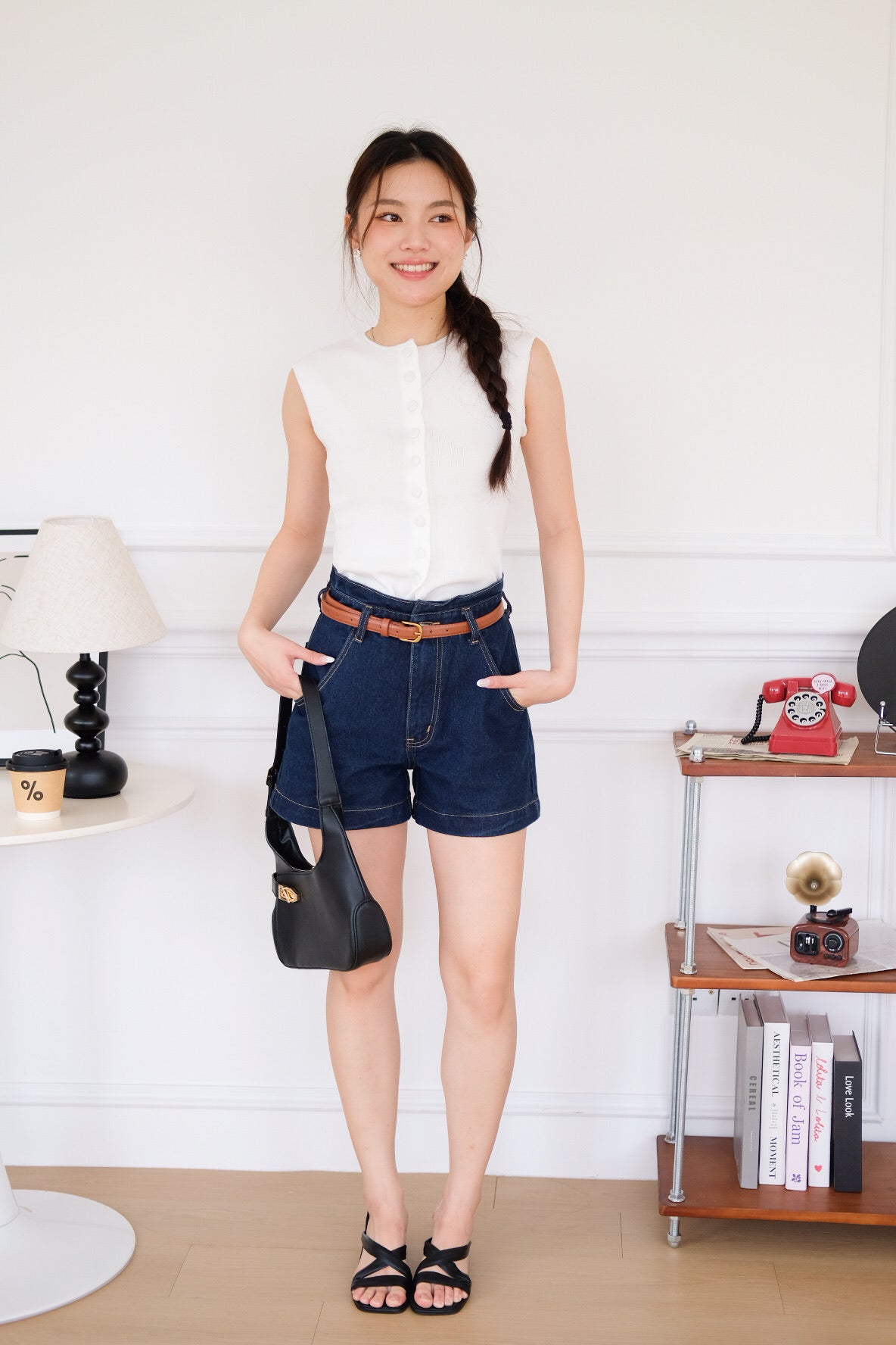 Hudson Belted High Waist Denim Shorts (Dark Blue)