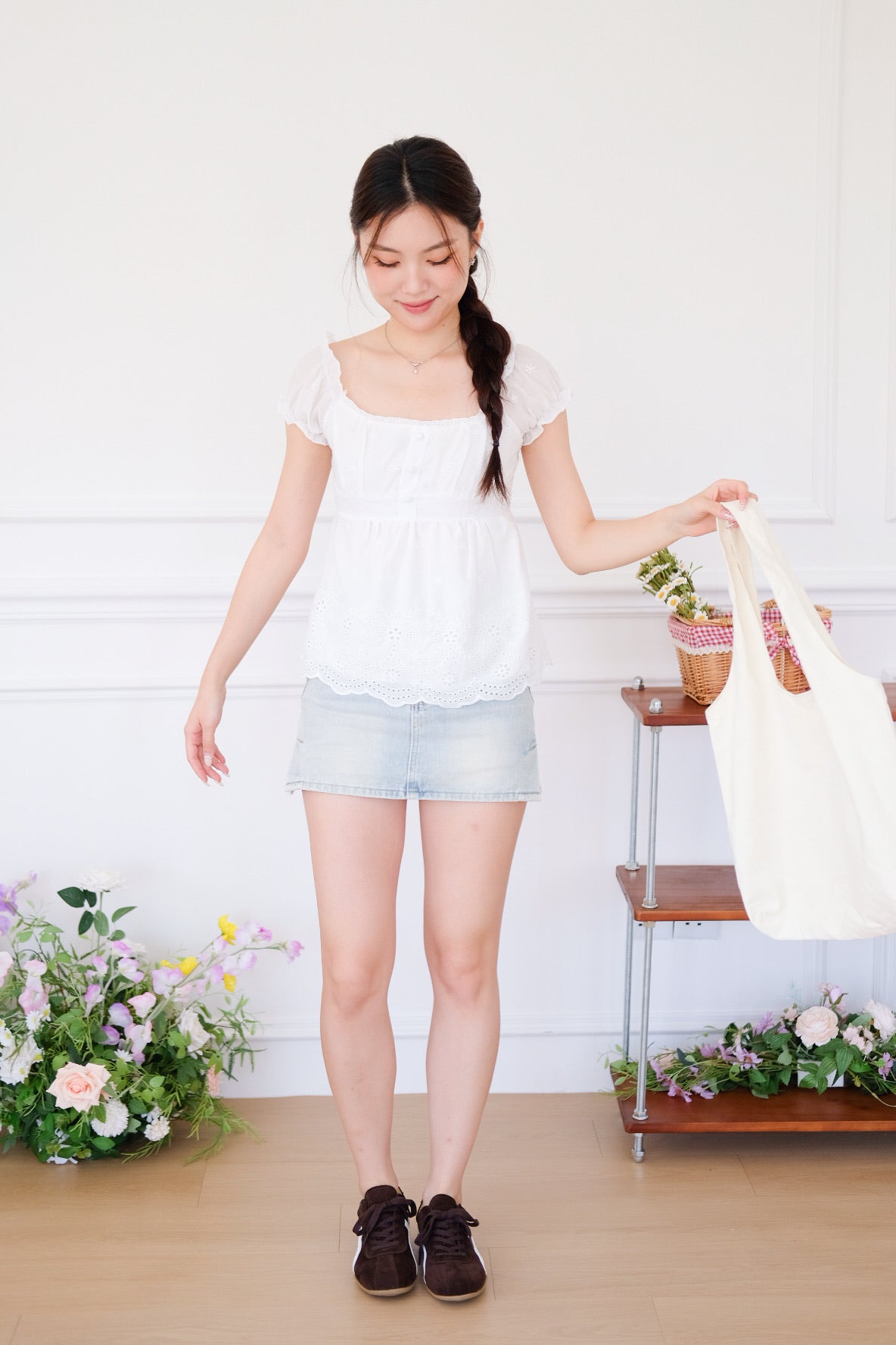Kylin Eyelet Ruched Peplum Top (White)