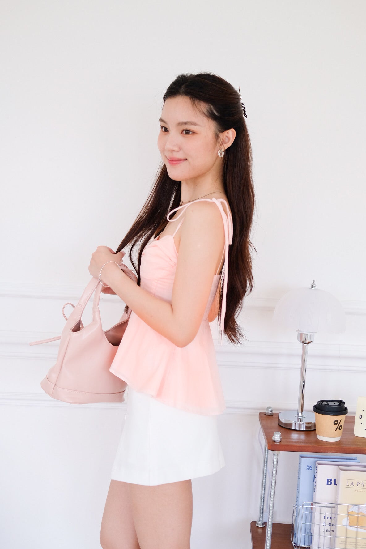 Mona Self Tie Ribbon Peplum Top (Pink)