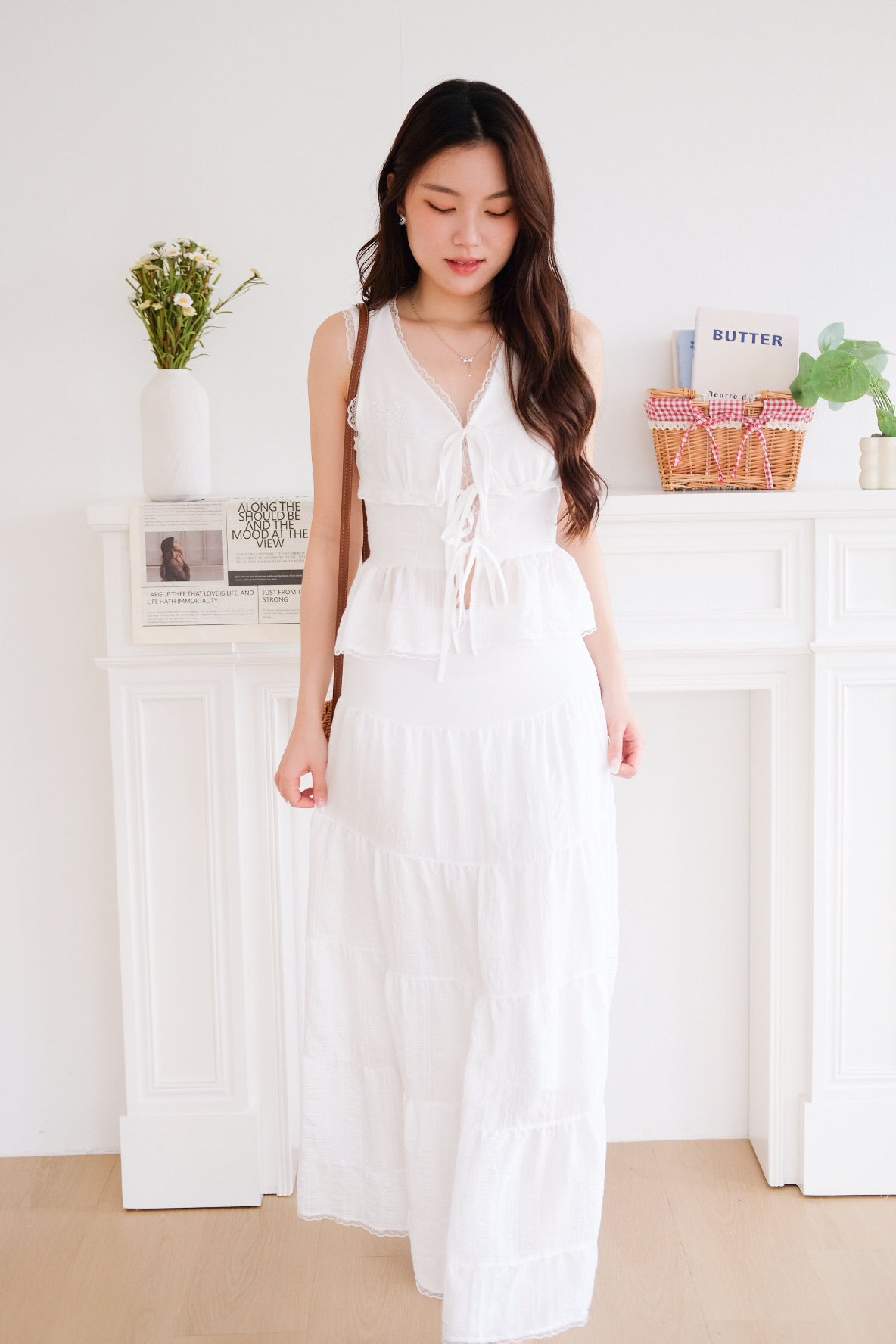 Yanice Ruffle Ribbon Vest Top (White)