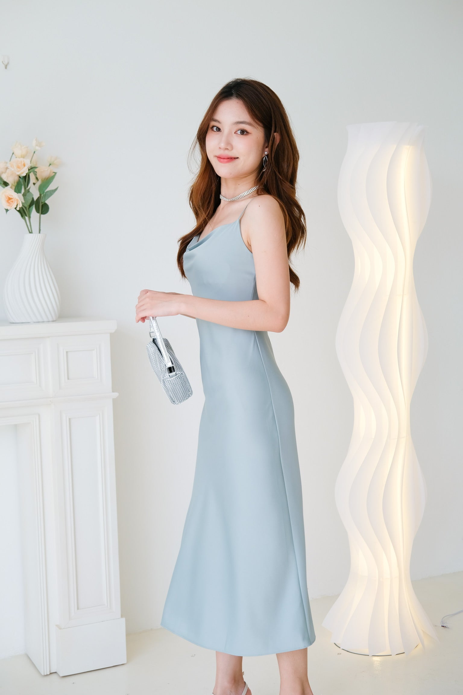 Elara Draped Satin Slip Dress (Sea Salt Green)