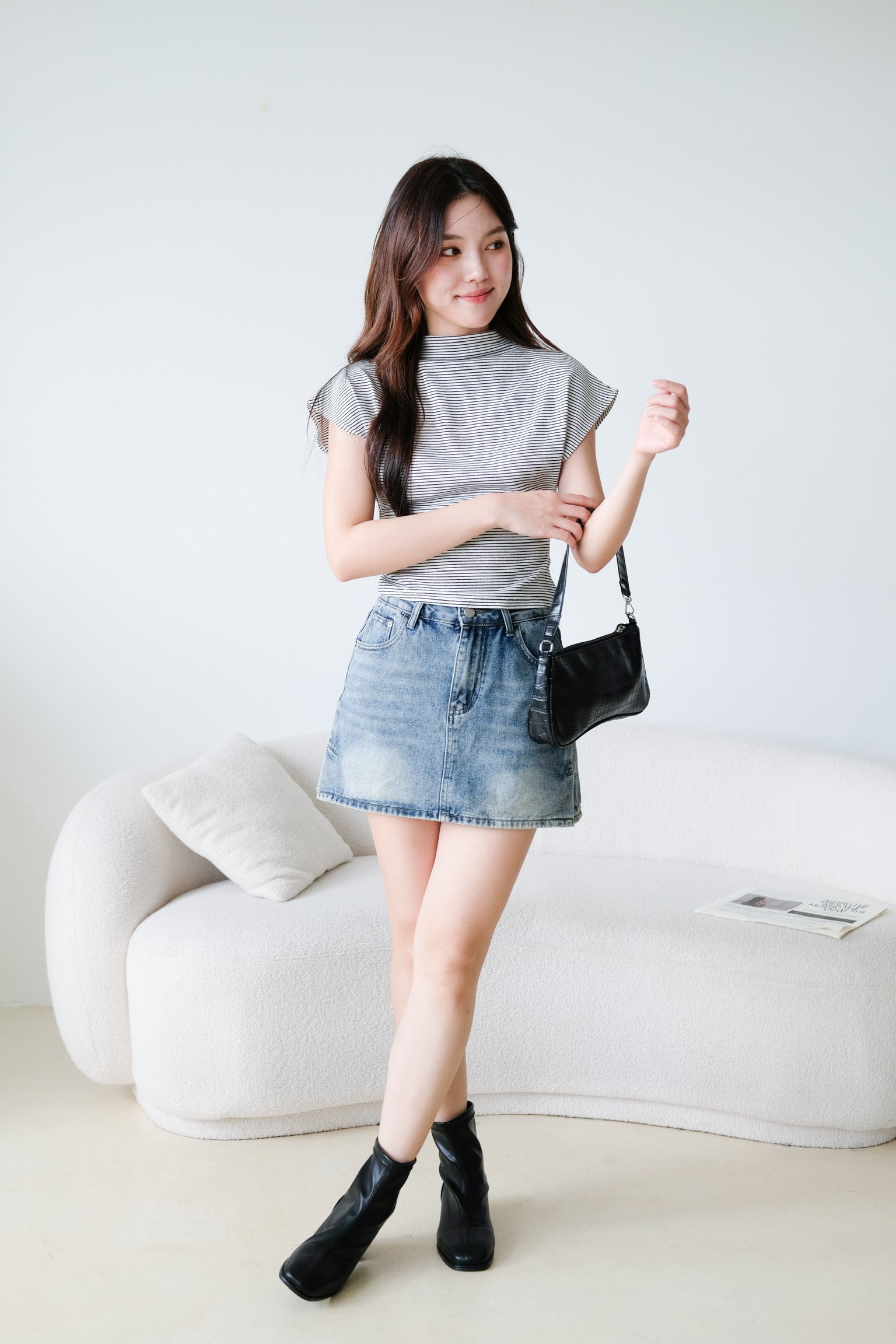 Lucca Batwing High Neck Shirt (White Stripes)