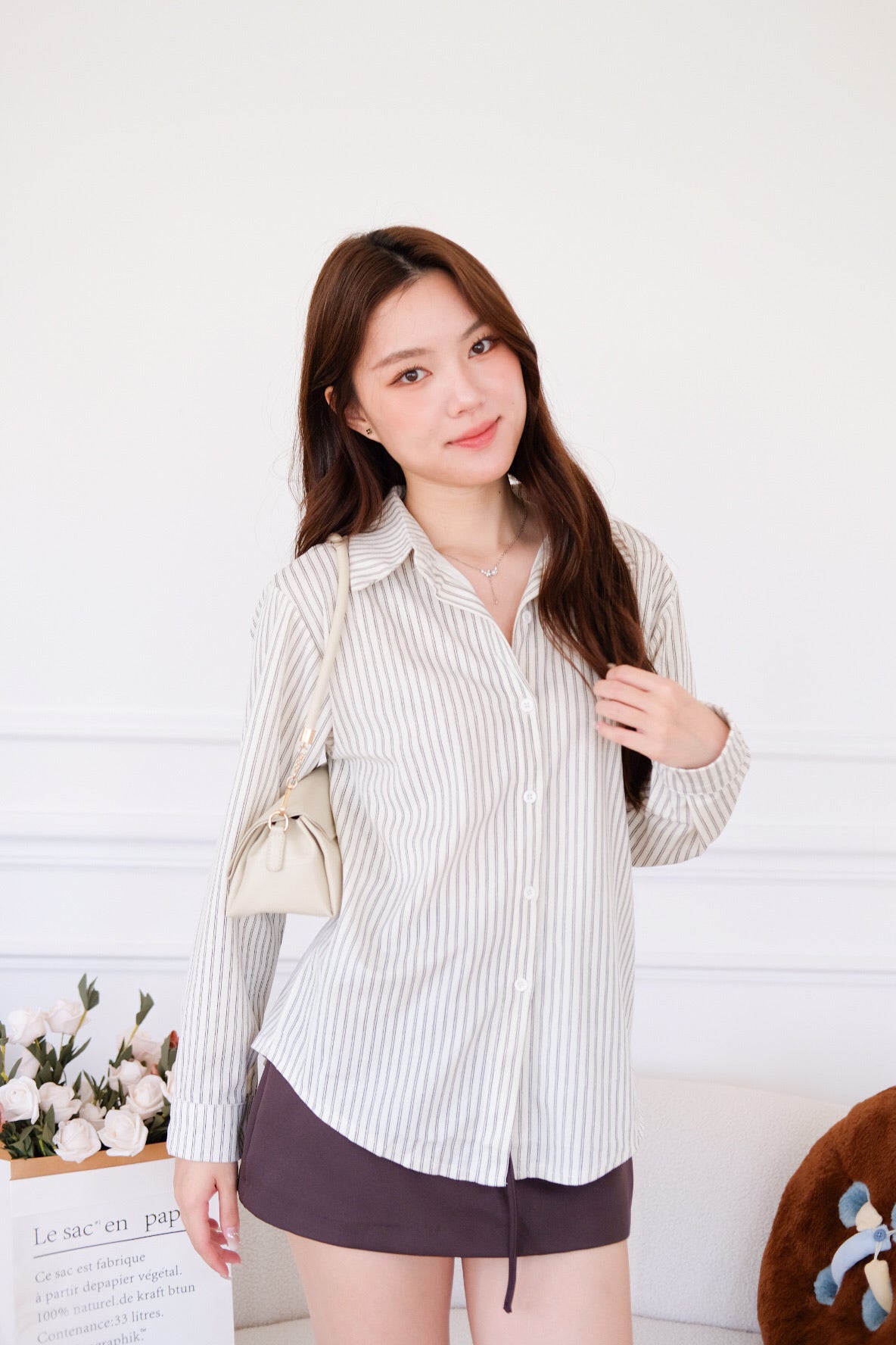 Henley Pinstripe Suede Shirt (Cream)