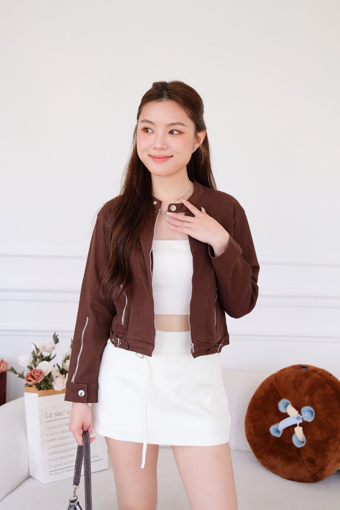 Maren Zip Cropped Denim Jacket (Mocha)