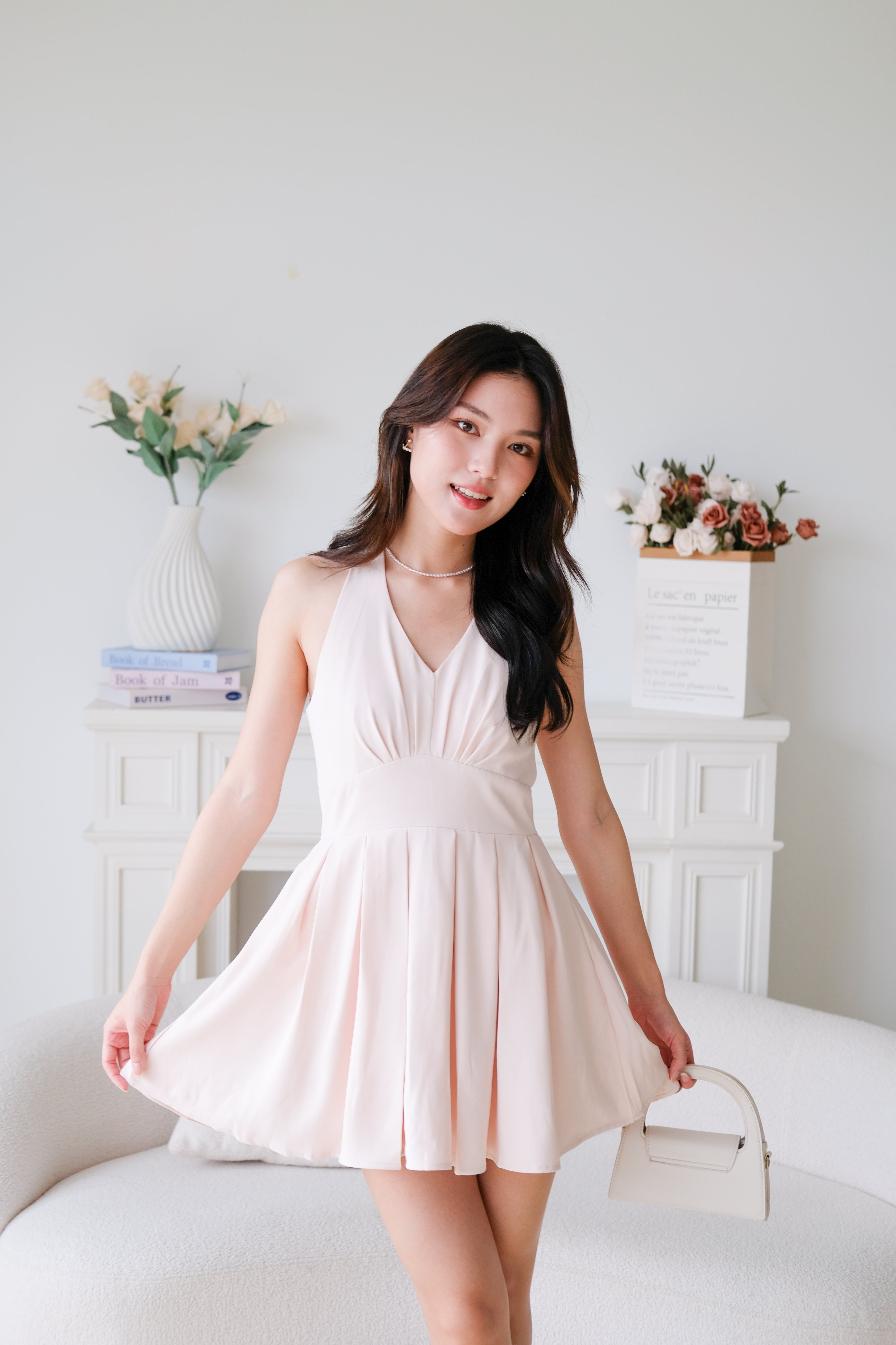 Moon Halter Pleat Dress (Baby Pink)