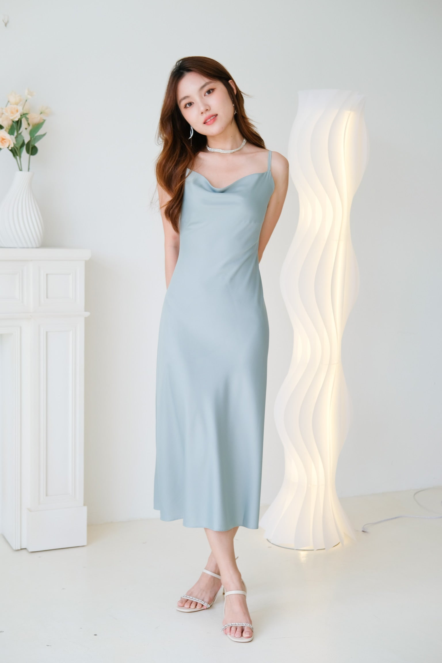 Elara Draped Satin Slip Dress (Sea Salt Green)