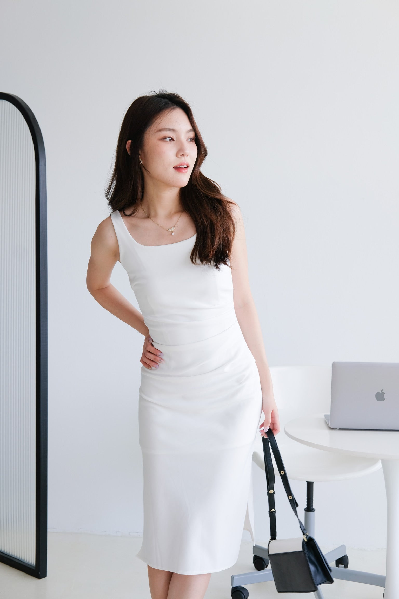 Clarins Side Ruched Midi Dress (White)