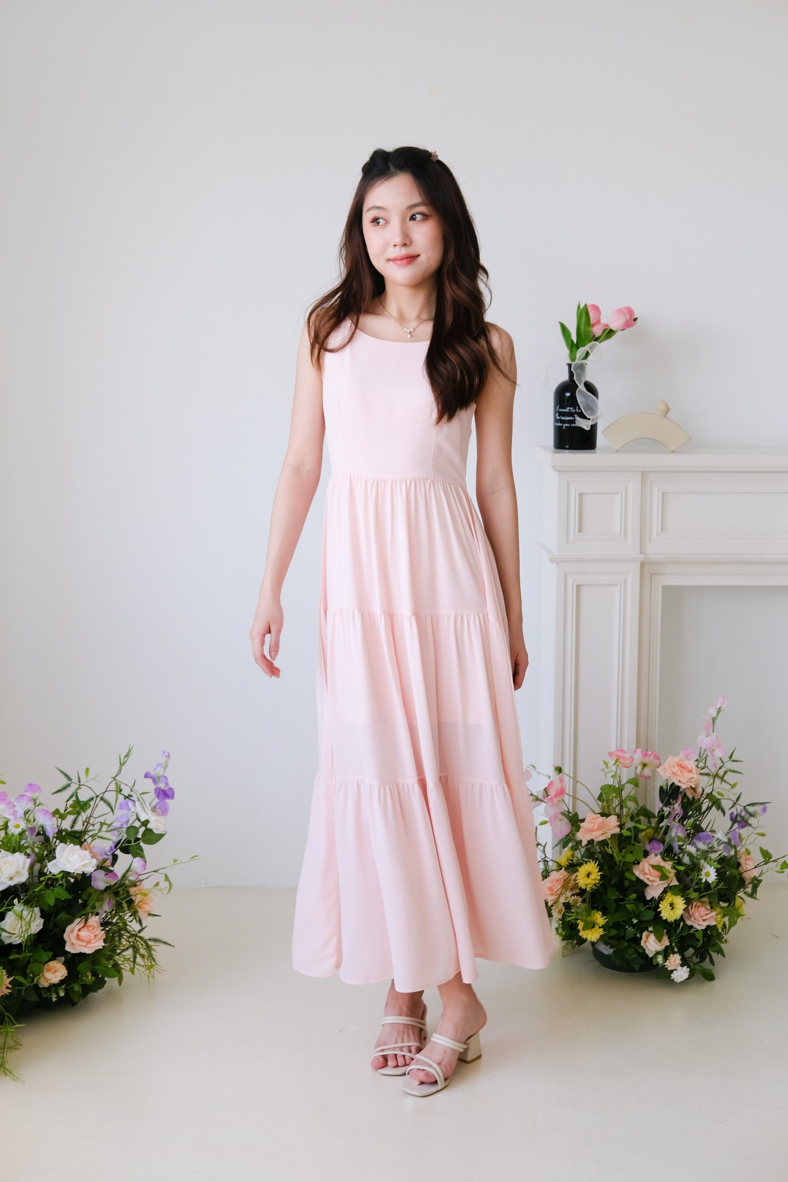 Bernice Boatneck Tiered Maxi Dress (Peach Pink)