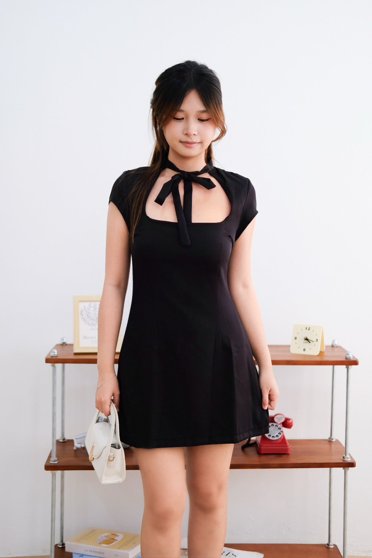 Black Square Neck Ribbon Mini Dress