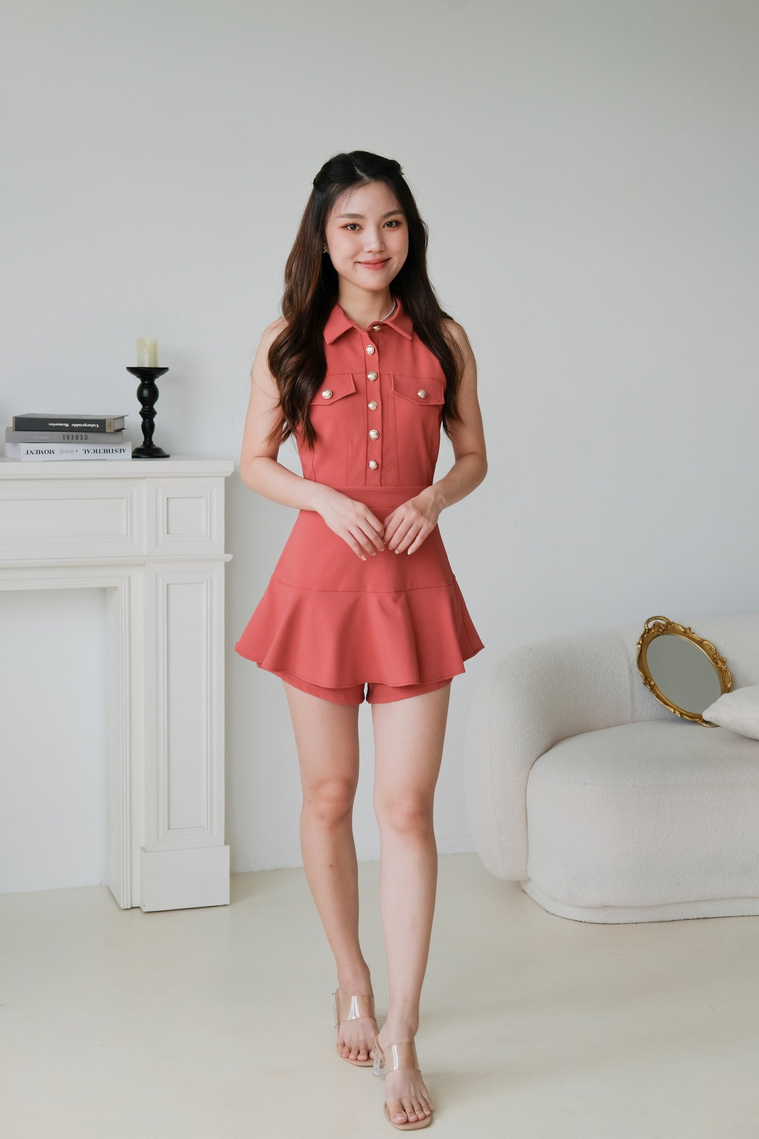 Dionne Gold Button Collared Romper (Brick Red)