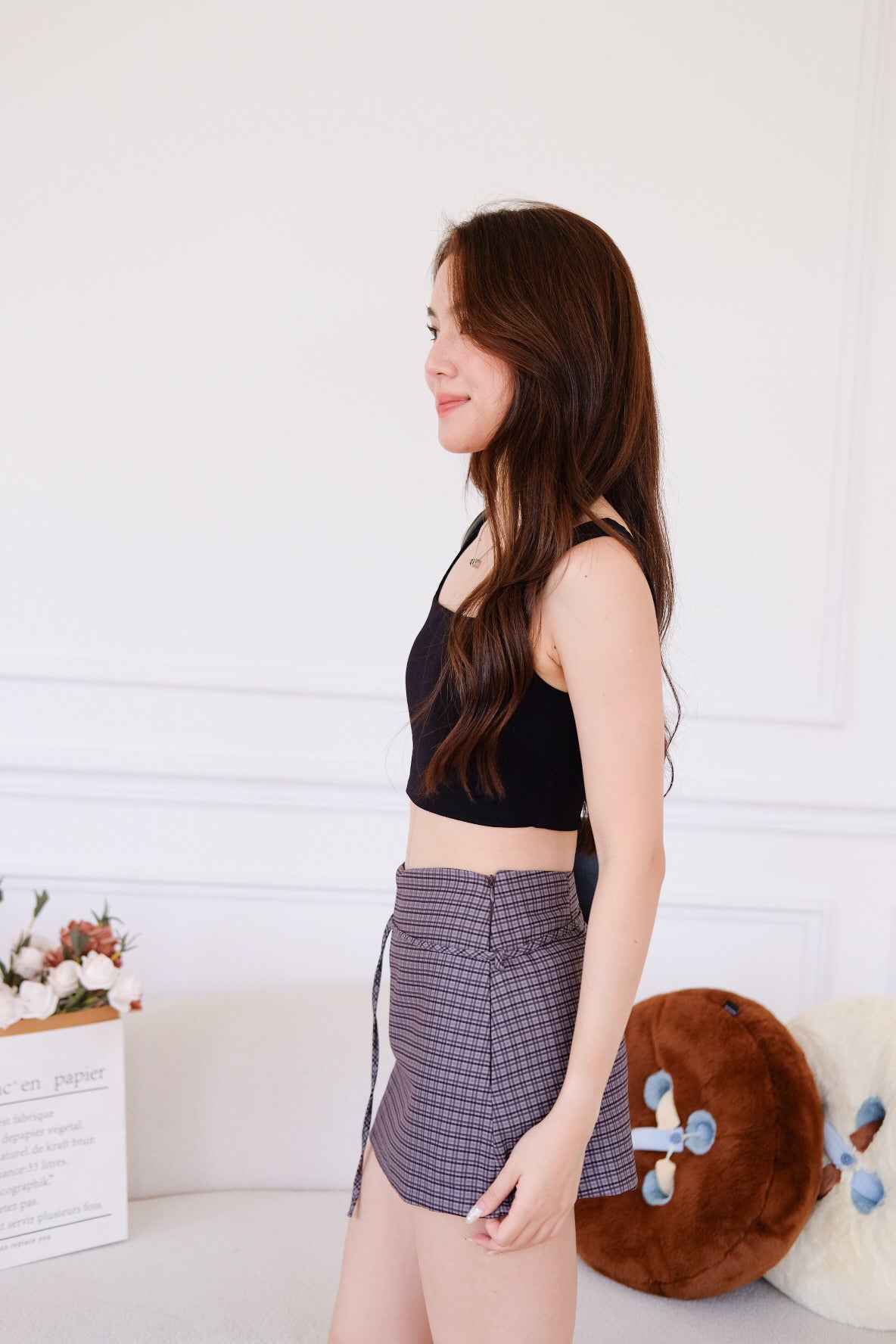 Tasha Mini Belt Skort (Plaid Brown)