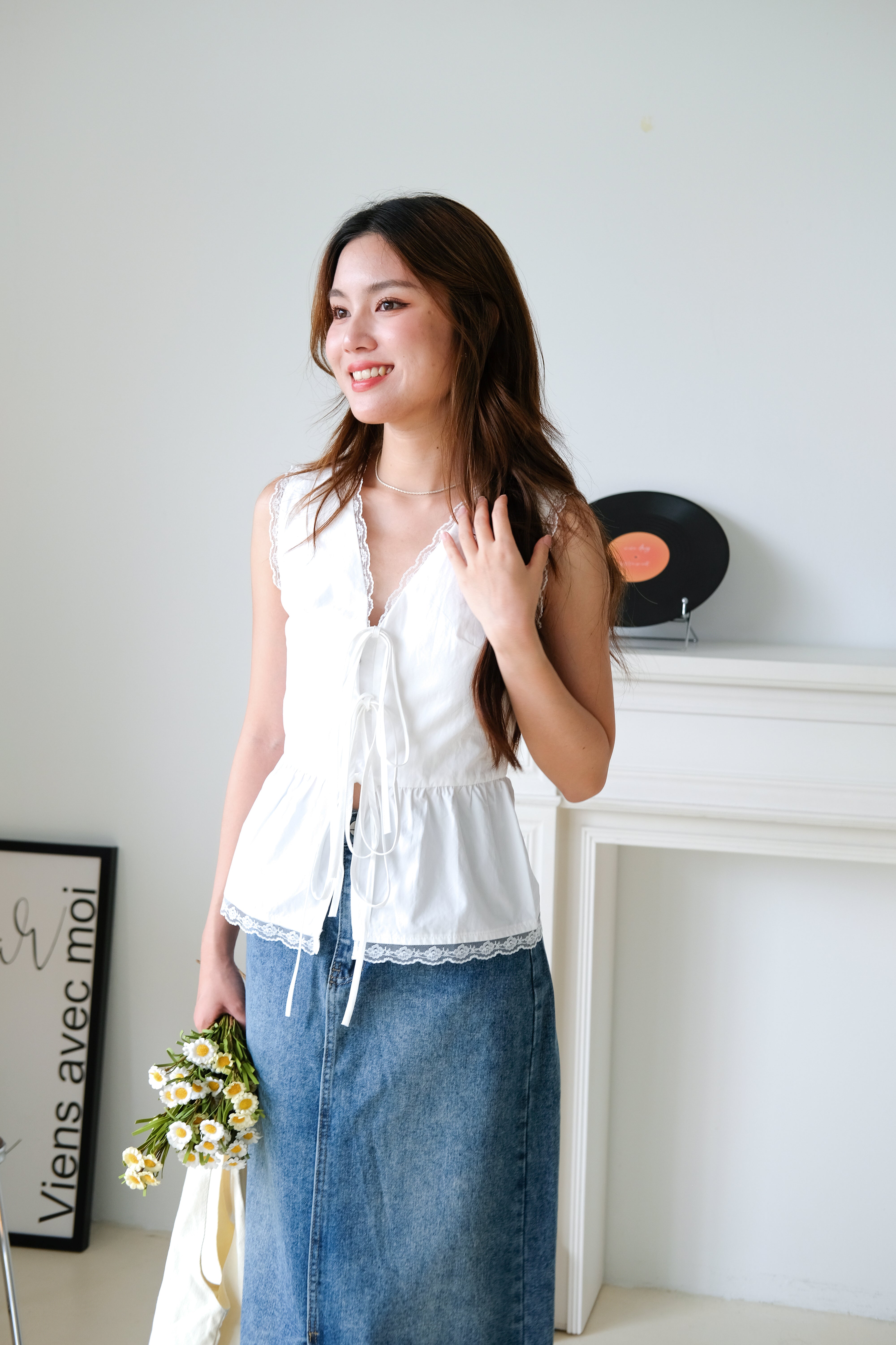 Jeanne Lace Drawstring Peplum Top (White)