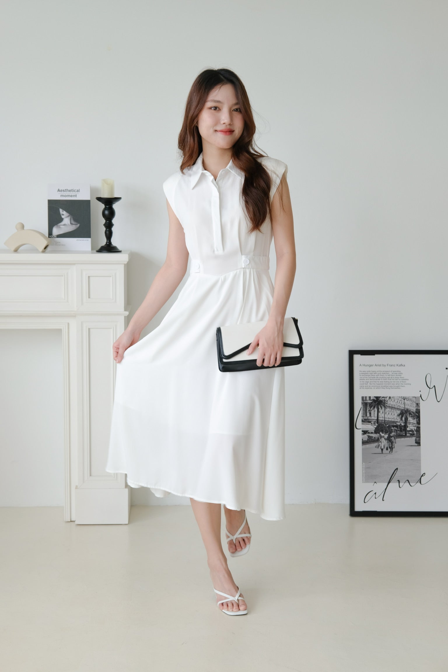 Reina Collared Midaxi Dress (White)