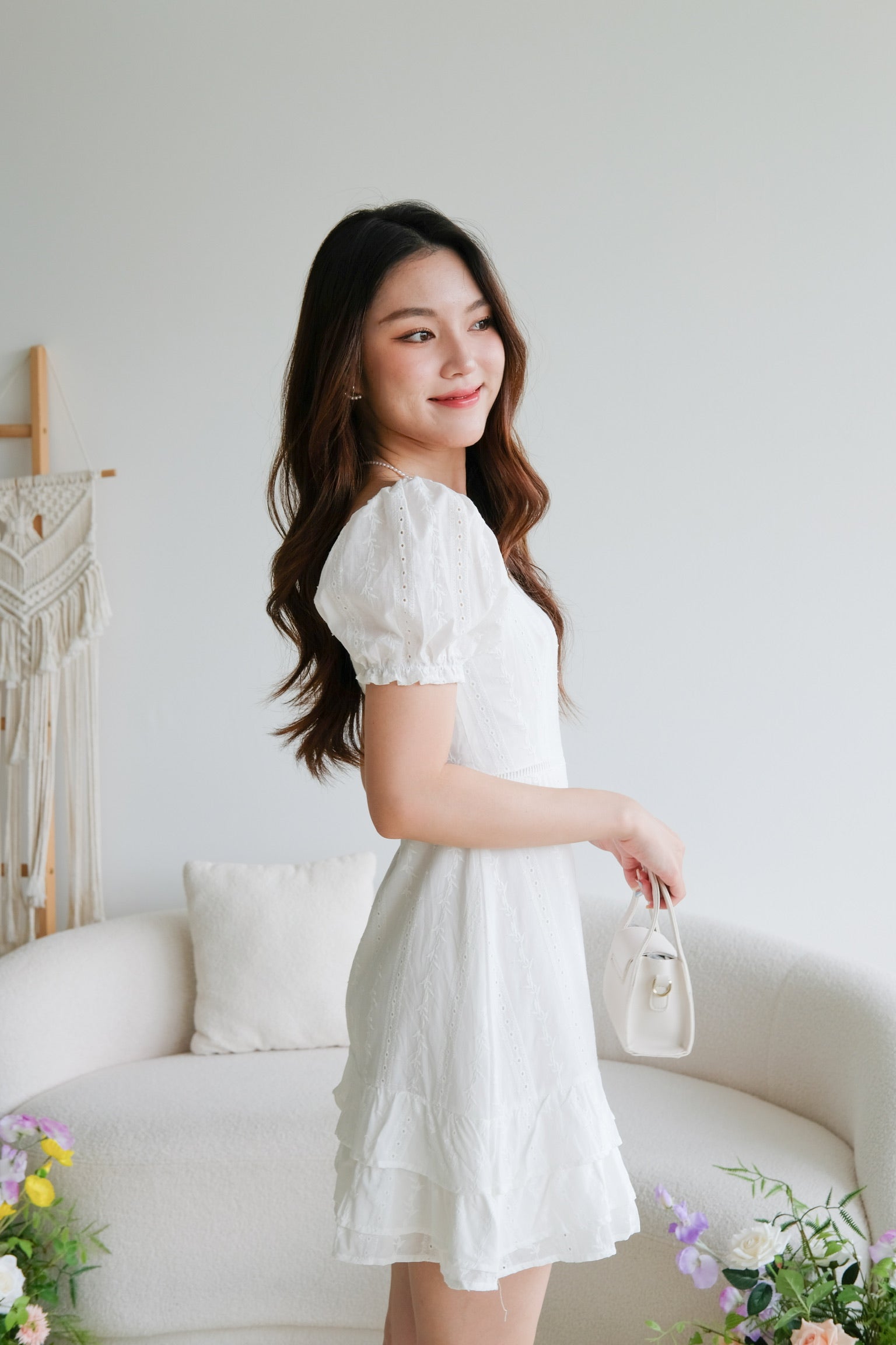 Evelyn Eyelet Ruffle Dress (White)