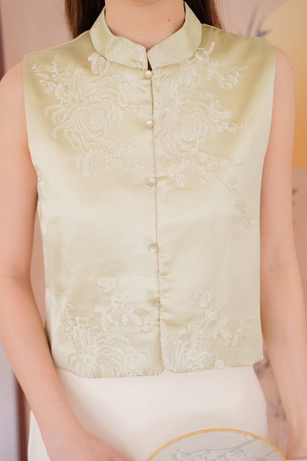 宋 Song Satin Cheongsam Vest Top (Pear Green)