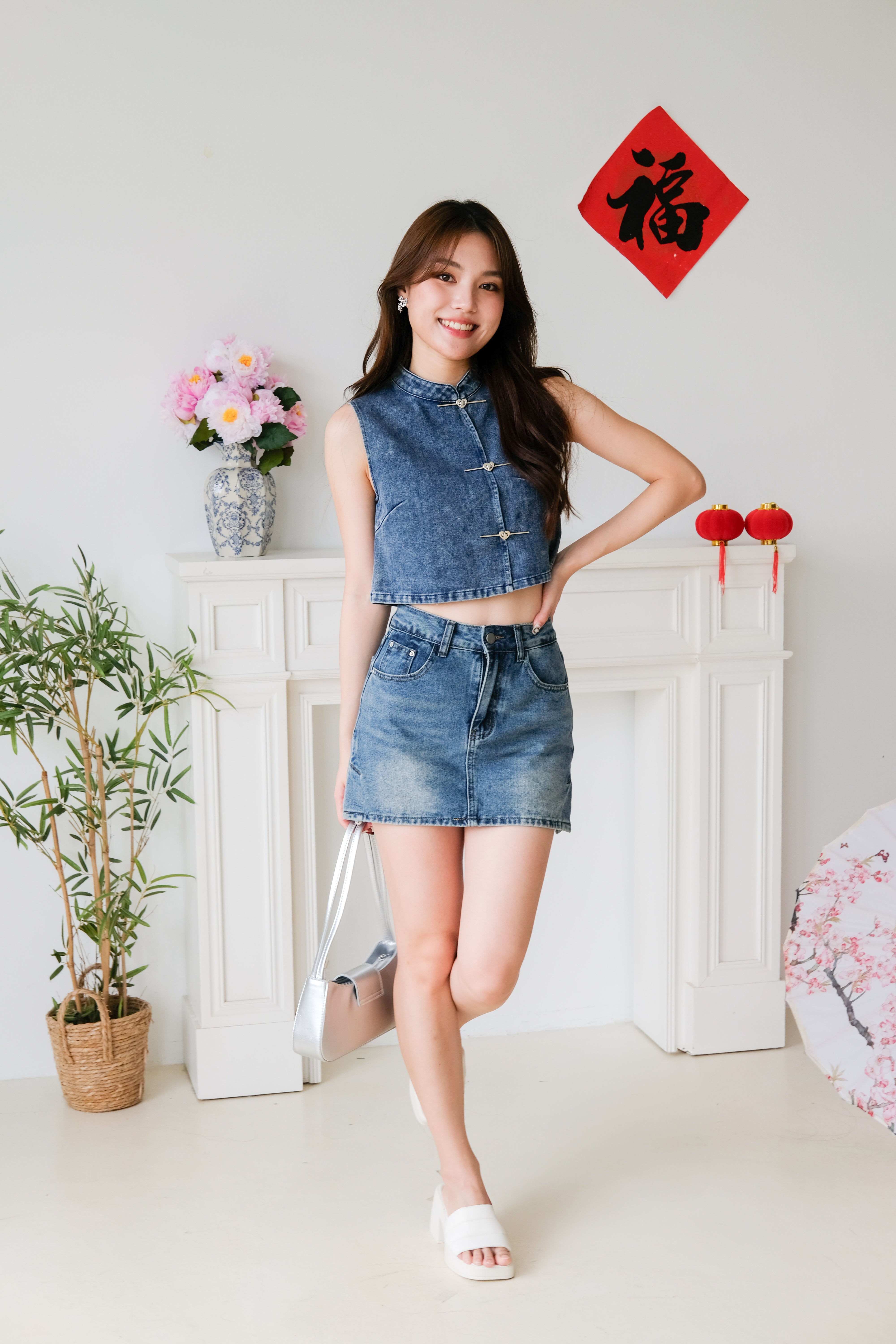 Andrea Denim Cheongsam Crop (Dark Blue)