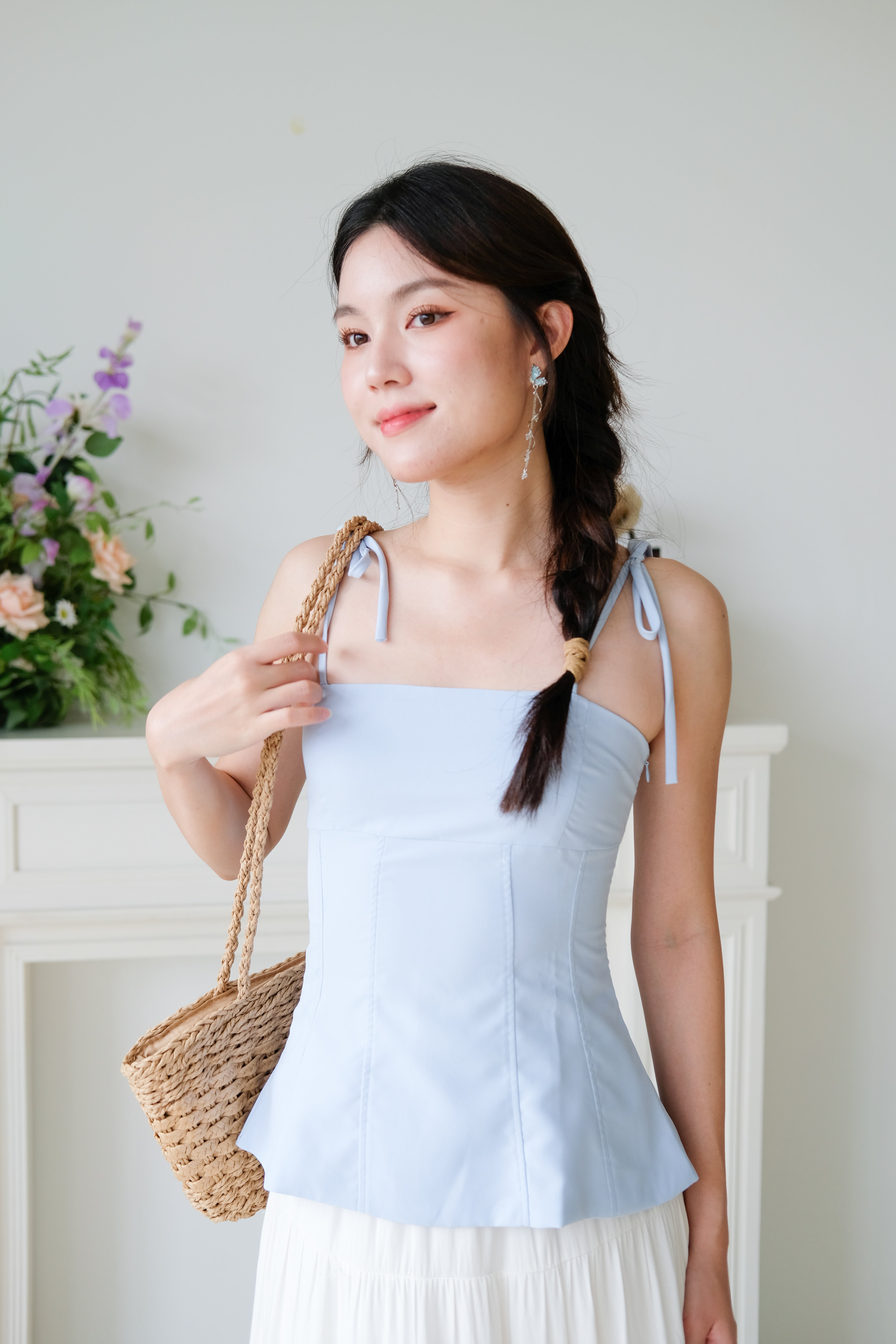 Marilyn Self Tie Ribbon Top (Plain Blue)