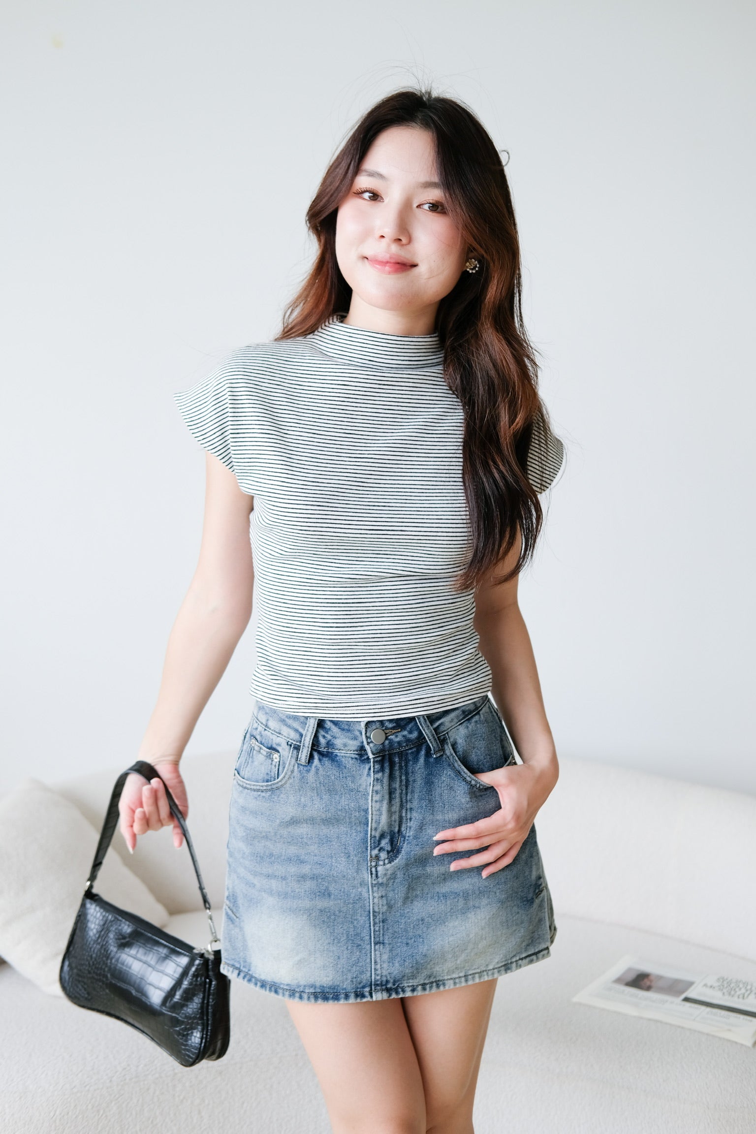 Lucca Batwing High Neck Shirt (White Stripes)
