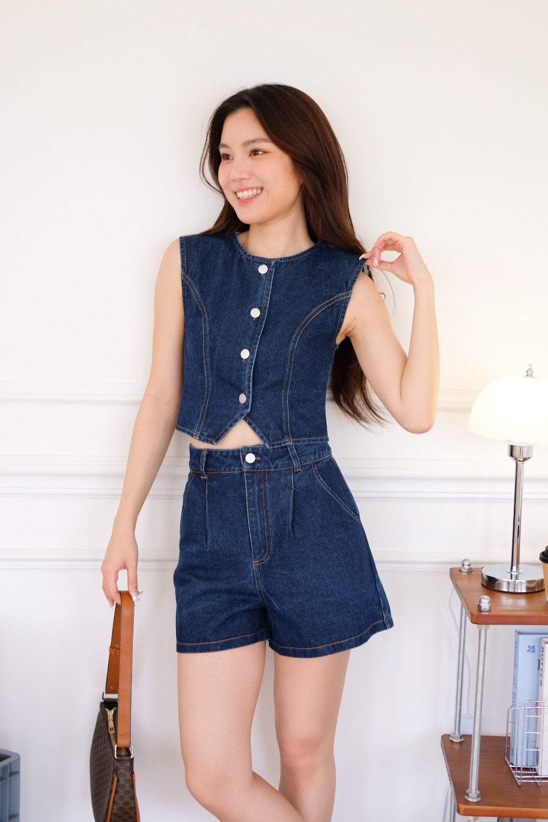 Velina Denim Vest Set (Dark Blue)