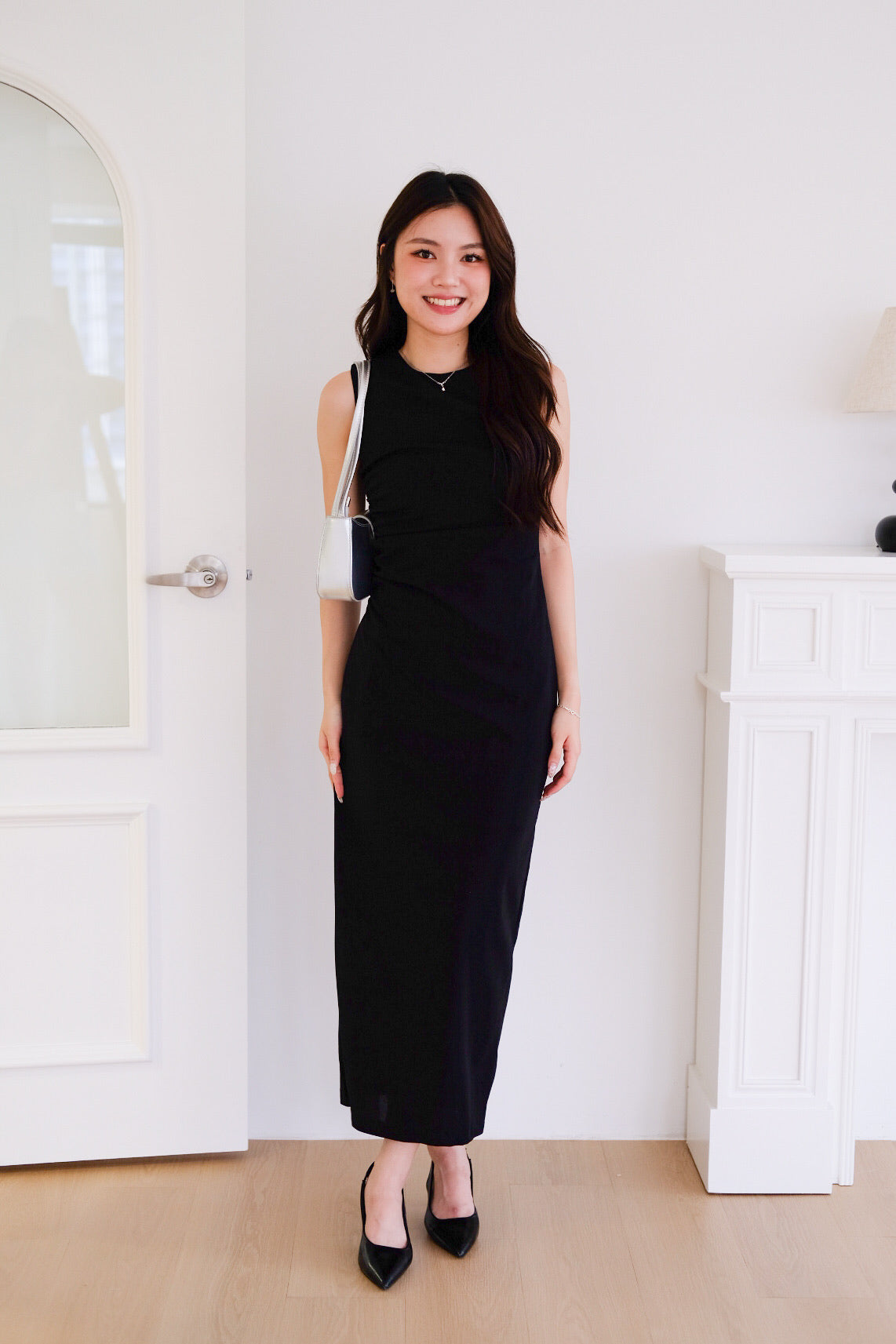 Brianna Ruched Jewel Bodycon Maxi Dress (Black)