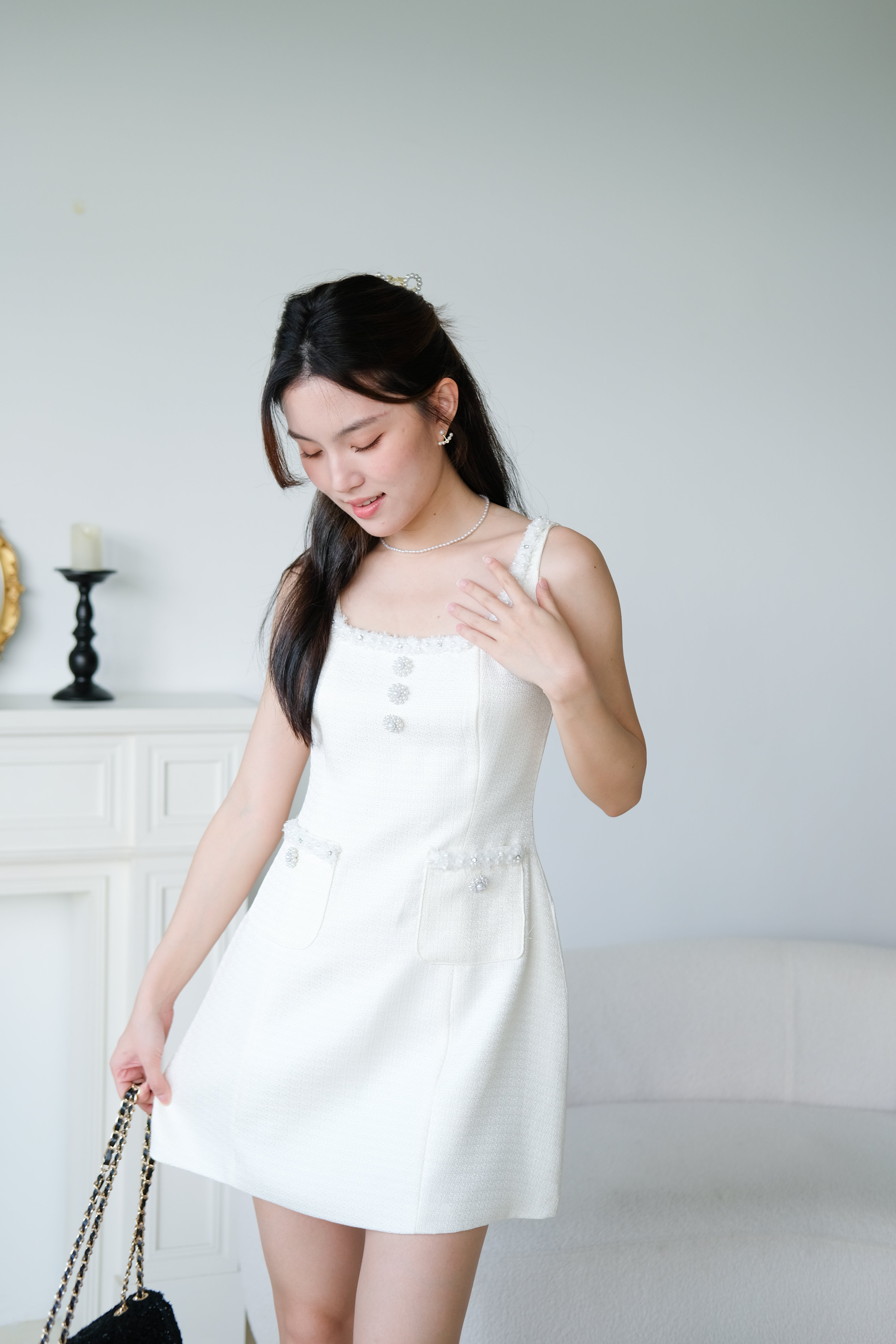 Lenora Tweed Vintage Dress (Cream)