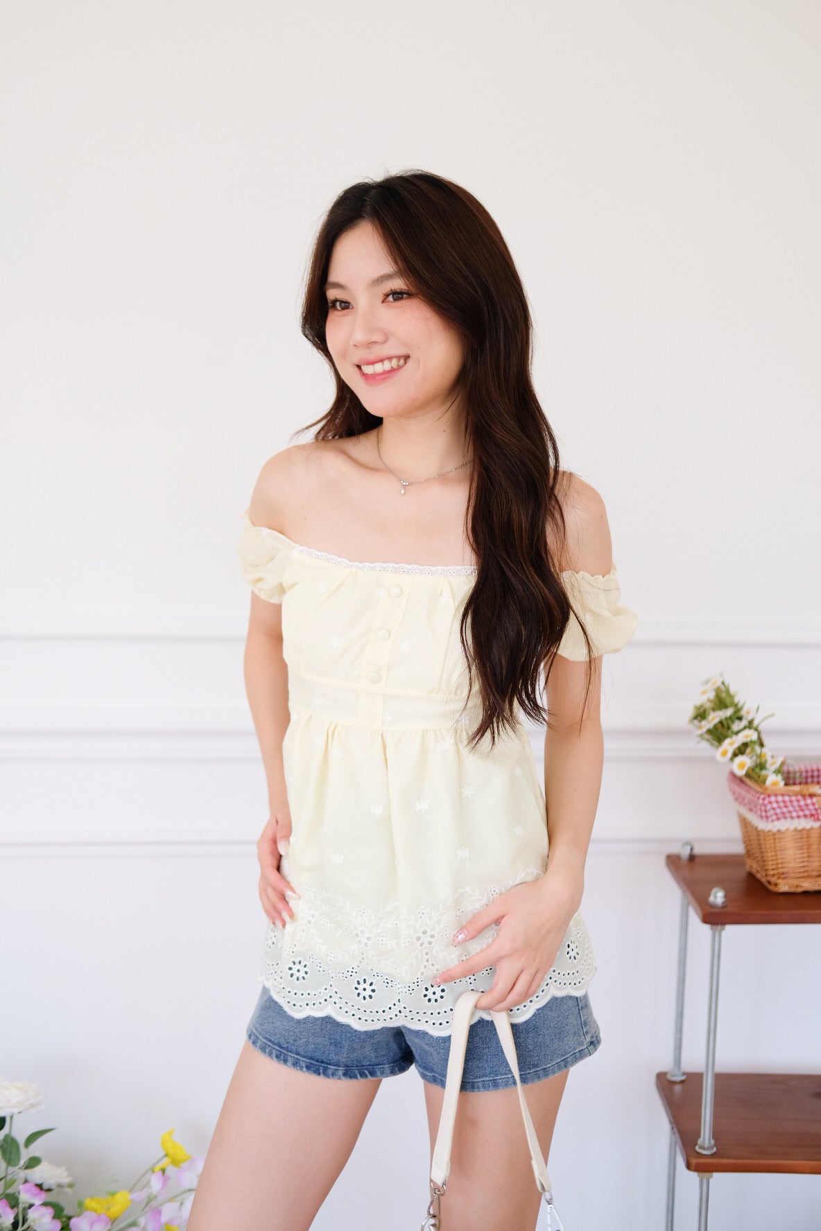 Kylin Eyelet Ruched Peplum Top (Sunshine Yellow)