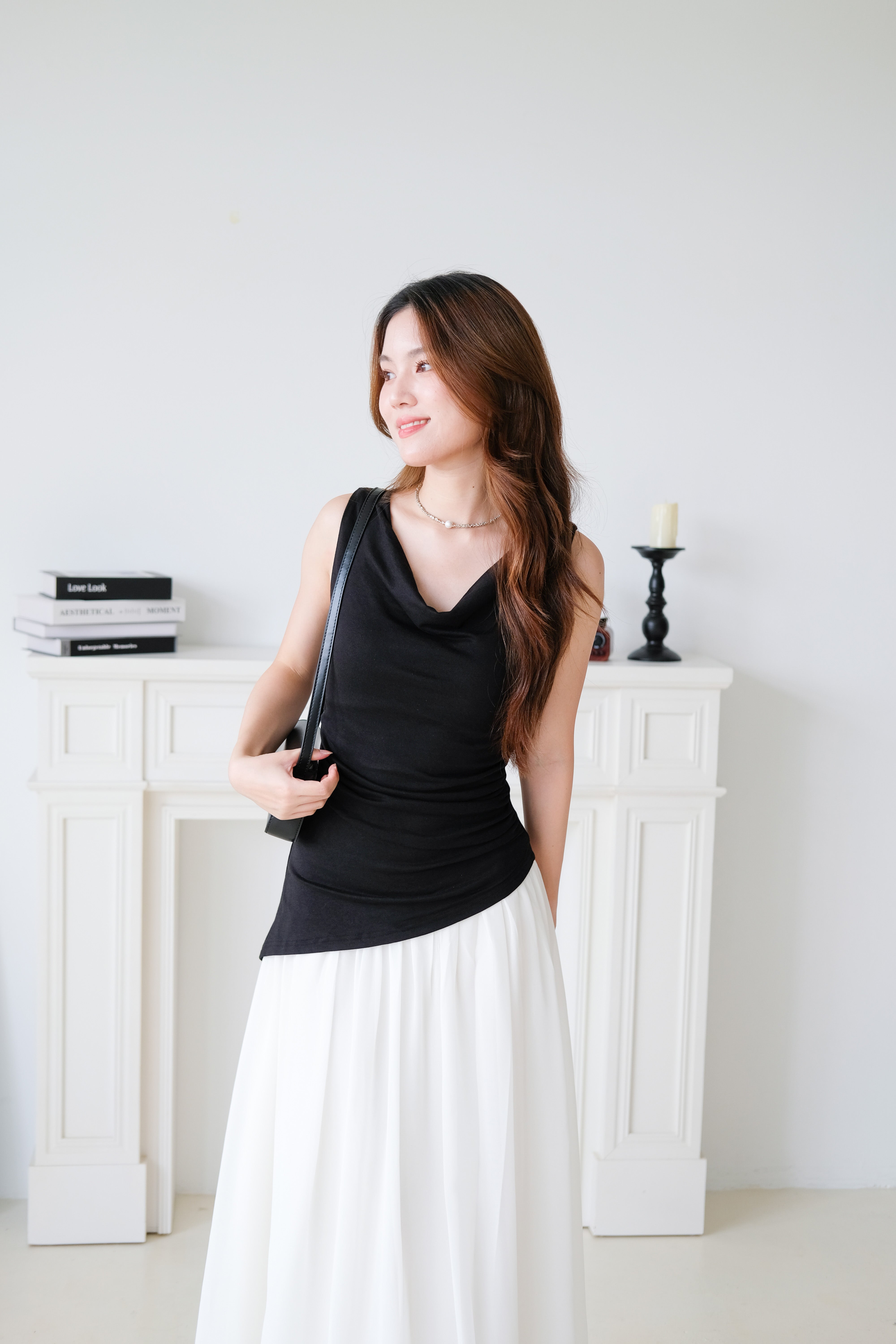 Soleil Contrast Asymmetrical Dress (Black)