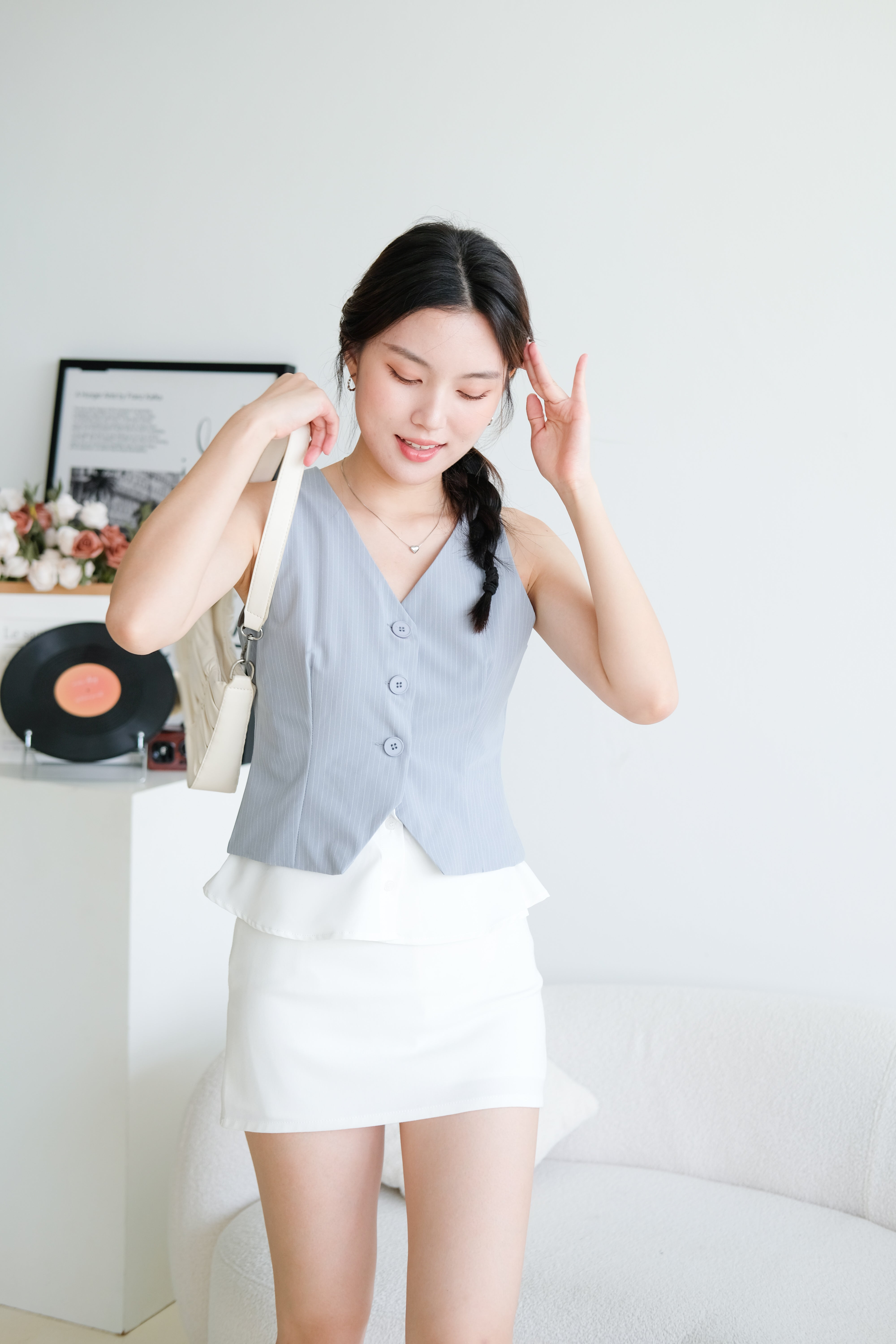 Veen Pinstripe Contrast Vest Top (Dusty Blue)