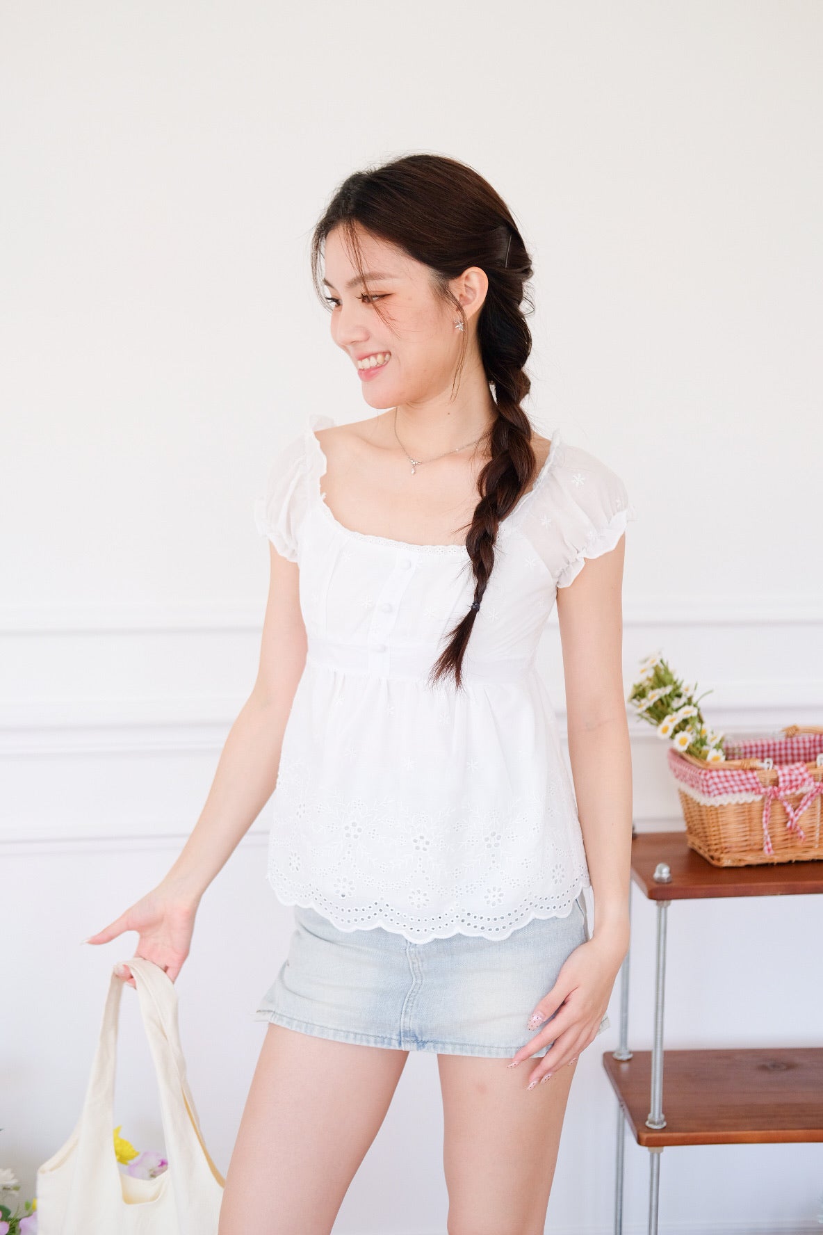 Kylin Eyelet Ruched Peplum Top (White)