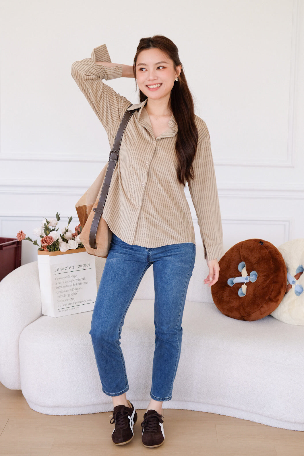 Henley Pinstripe Suede Shirt (Khaki)
