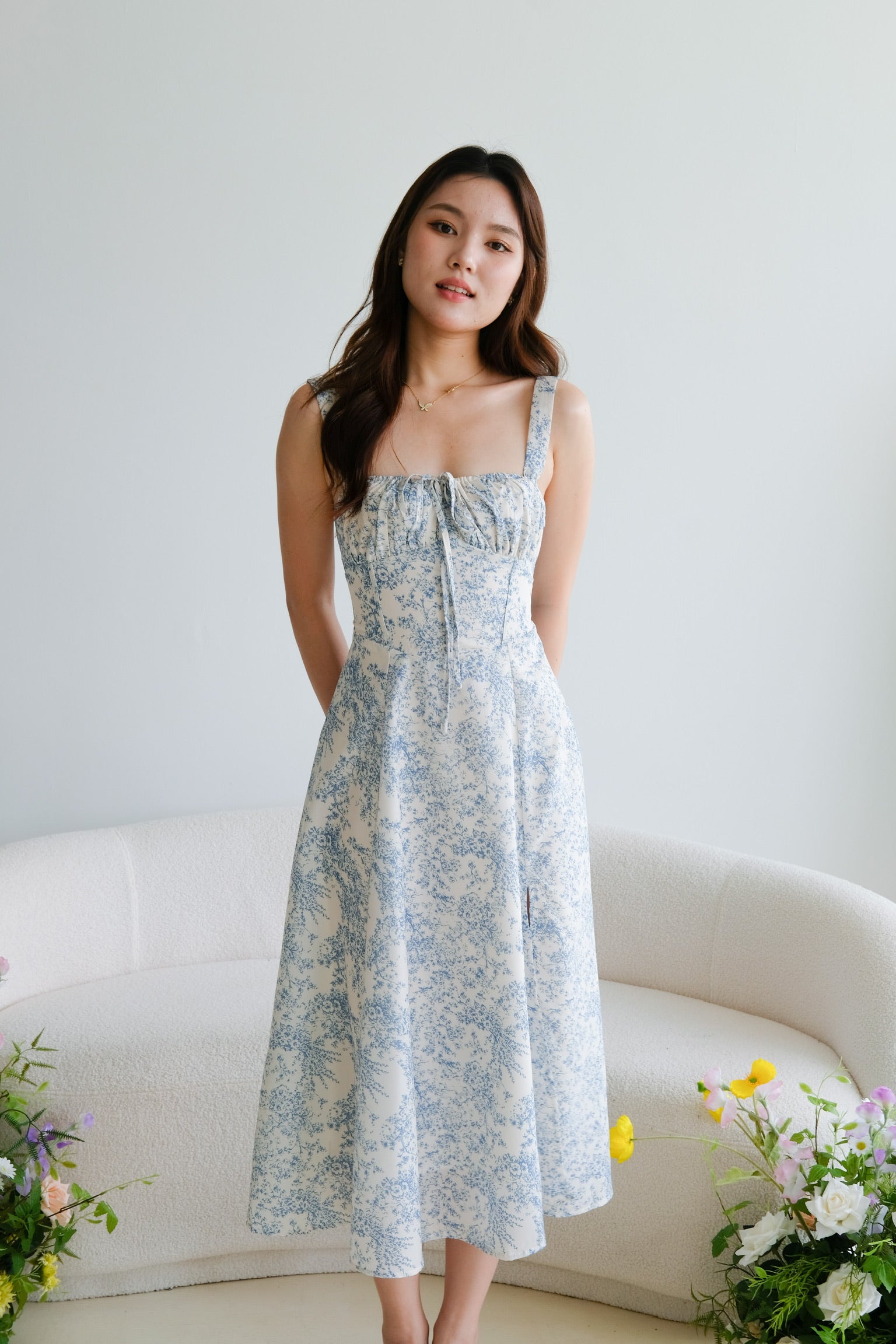 Maisy Ruched Porcelain Maxi Dress (Sky Blue)