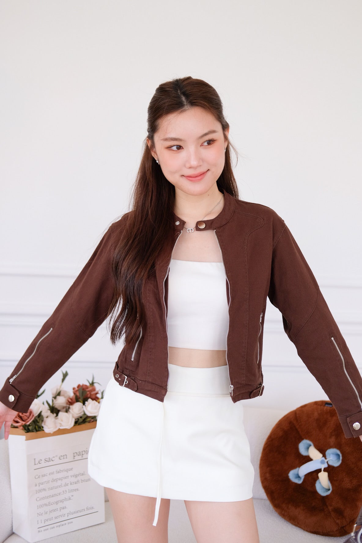 Maren Zip Cropped Denim Jacket (Mocha)