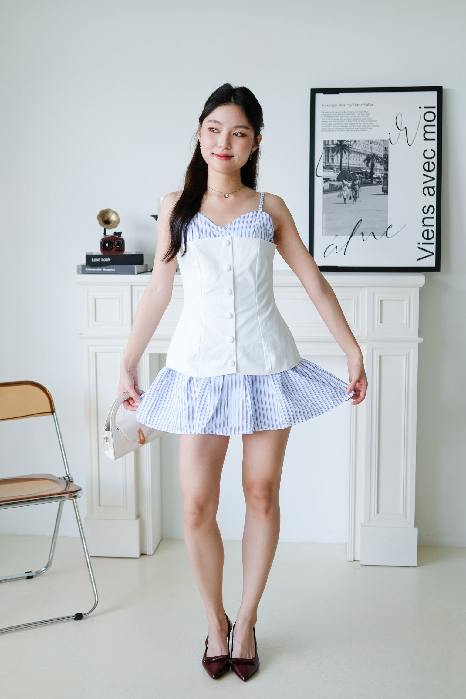 Camie Stripes Contrast Dress (White Blue Stripes)