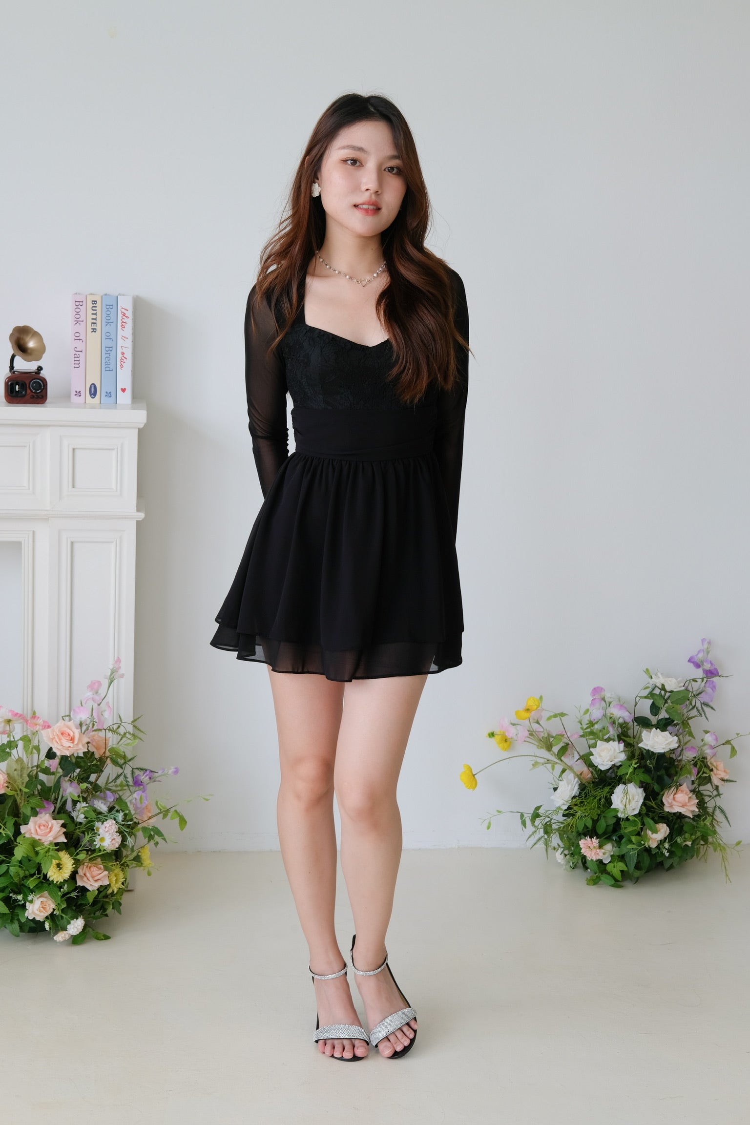 Casslene Long Sleeves Lace Dress (Black)