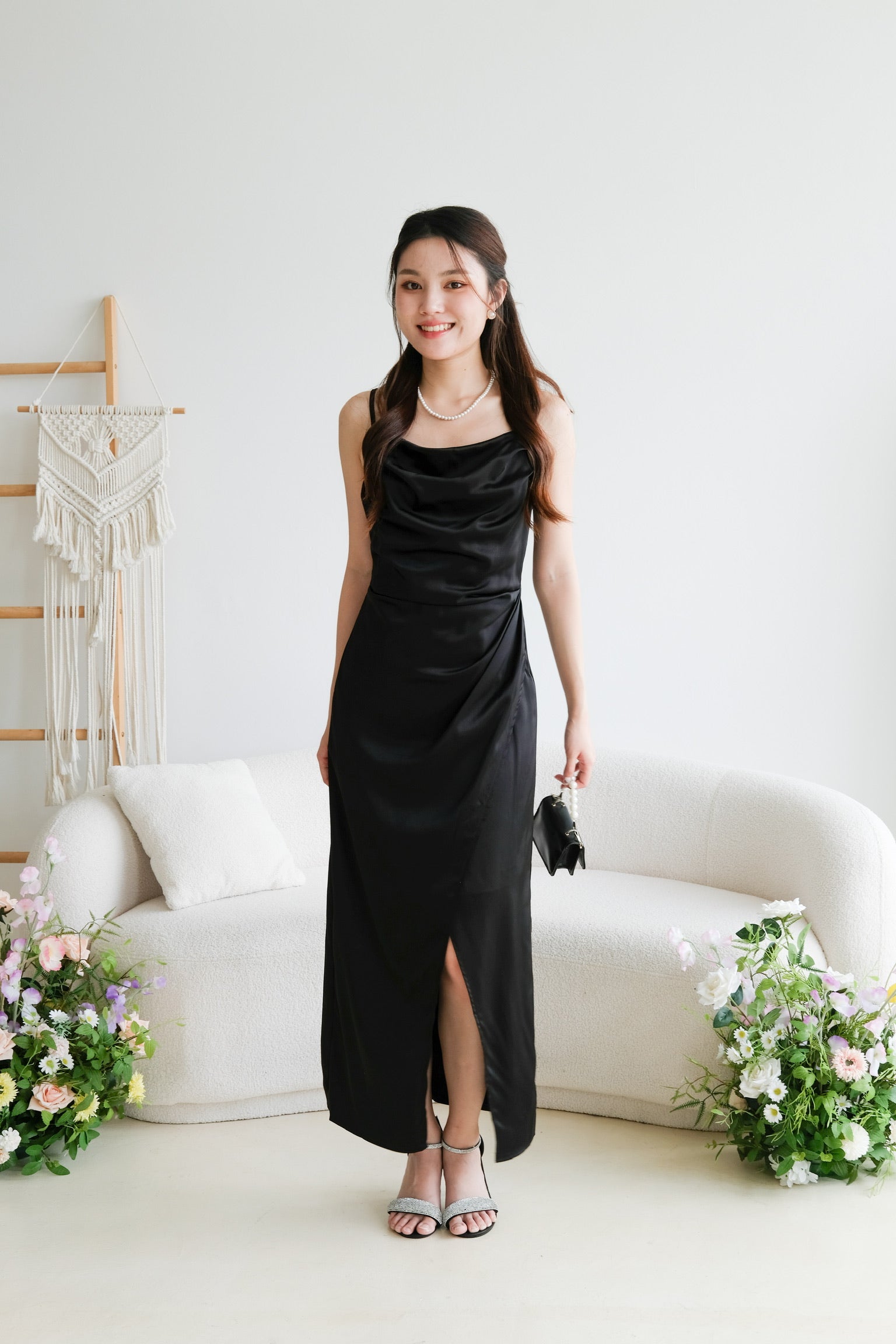 Sheryl Draped Satin Maxi Dress (Black)